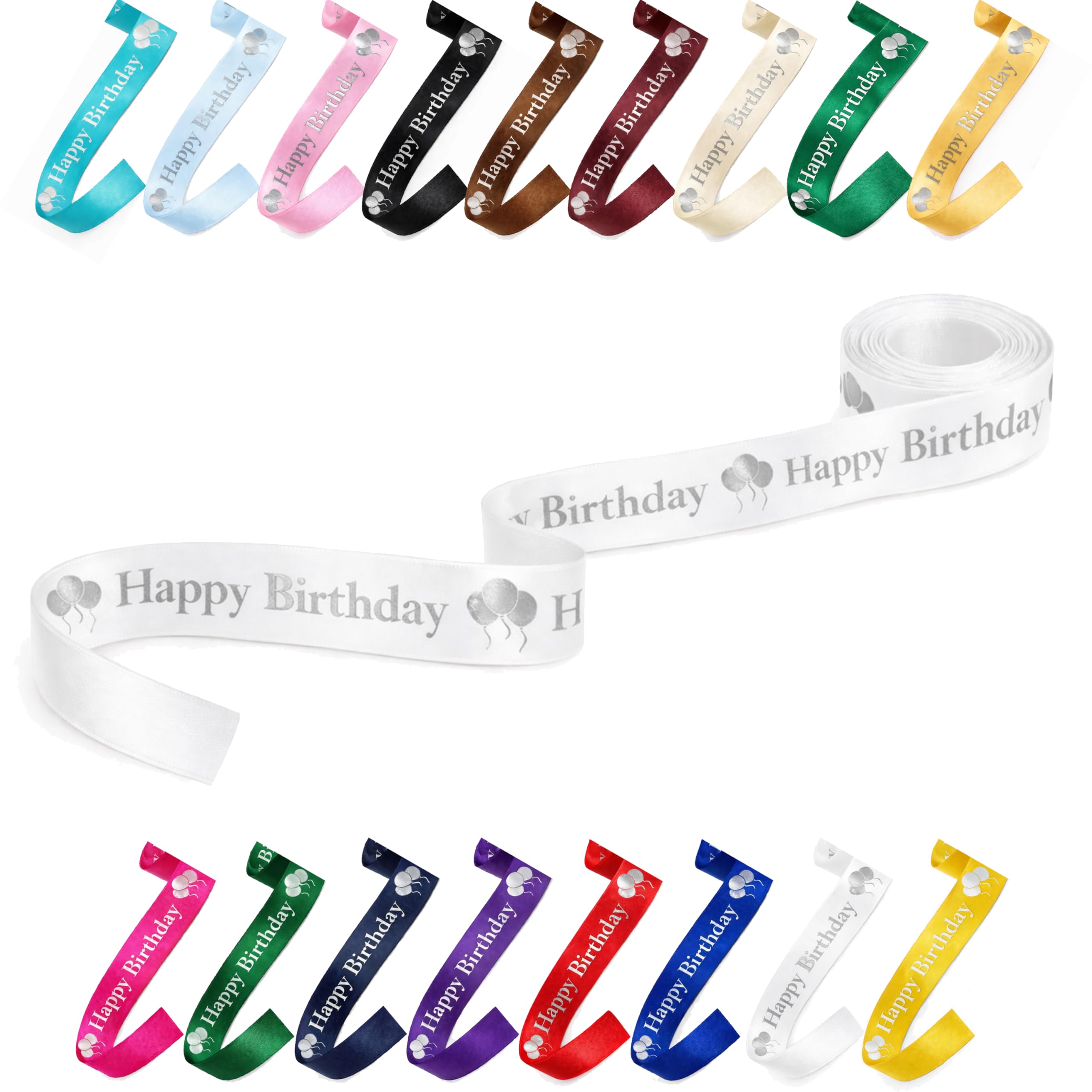 25mm (1") Wide Happy Birthday Luxury, Vibrant Satin Ribbon for Gift Wrapping, Flower Bouquet, Crafts, Balloons, Party Decoration with Metallic Silver Text & Balloon Print (White, 10 Metres)