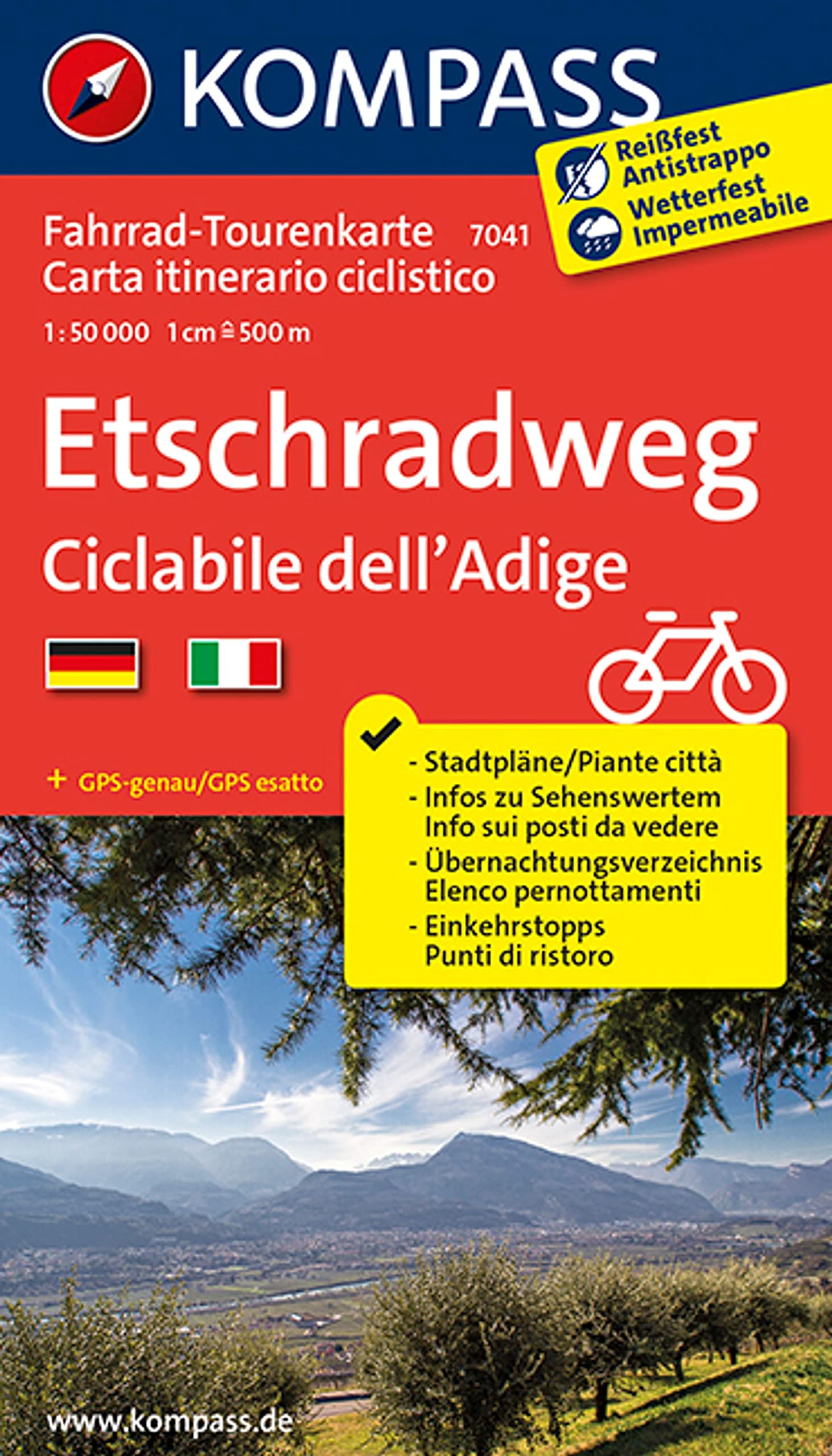 Etschradweg 7041 GPS wp kompass + extra city plans: Fietsroutekaart 1:50 000 (Fahrad-Tourenkarte)
