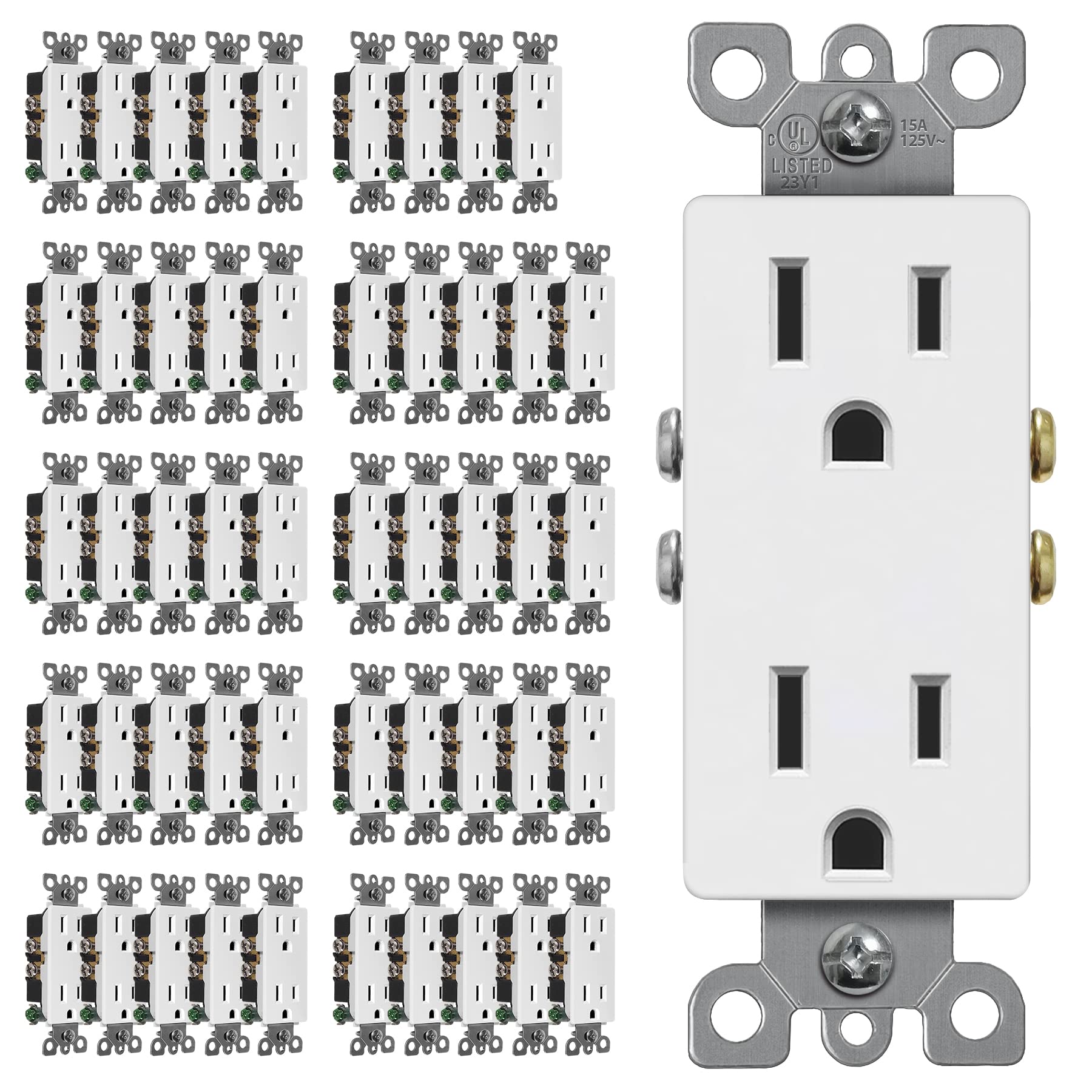 Photo 1 of (50 Pack) CML 15 Amp Decorator Wall Receptacle Outlet, Standard Electrical Outlet, Non-Tamper Resistant, 15A/125V, 2 Pole 3 Wire, White, UL Listed