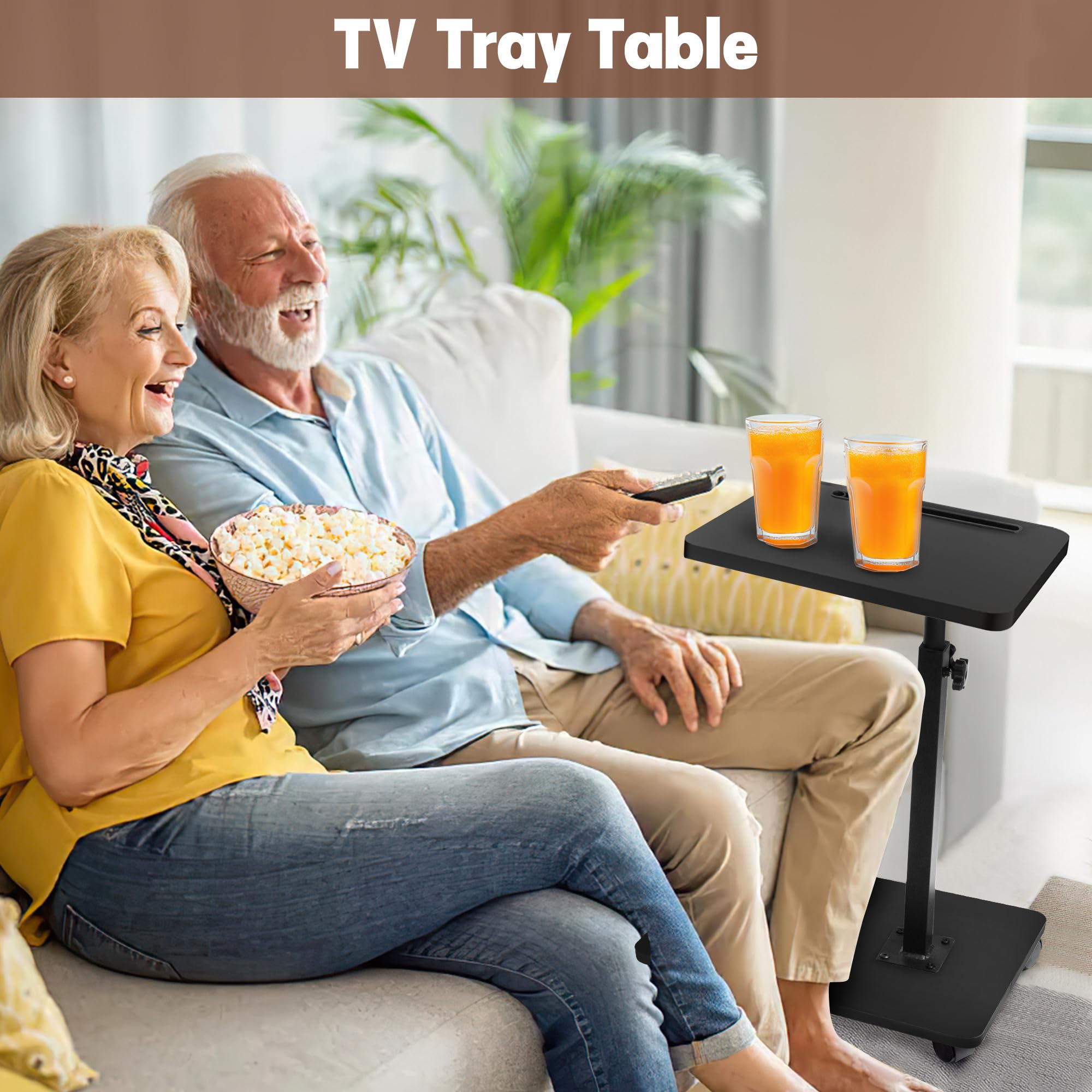 Mesa auxiliar en forma de C con ruedas, mesa auxiliar giratoria de 360° de altura ajustable, bandeja de TV, mesa de sala de estar, dormitorio, bandeja de brazo para cama, silla con ranura