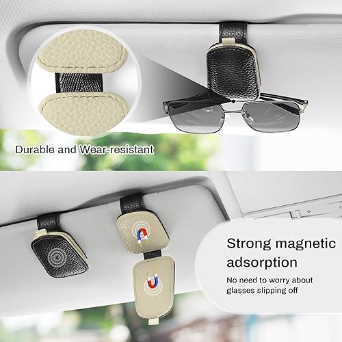 Miniatura 7 de SINGARO Soporte para lentes de sol para coche, hebilla magnética de cuero para visera, clip para lentes de sol, clip para tarjeta y almacenamiento
