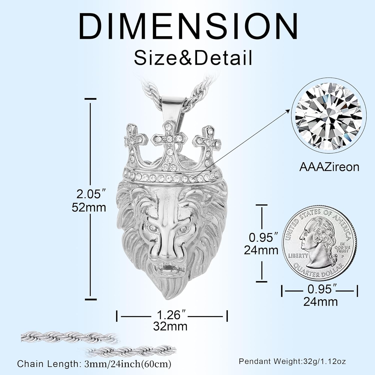 ROWIN&CO Lion Necklace Stainless Steel 18K Gold Plated CZ Leopard/Tiger Head Hip Hop Punk Rock Animal Pendant Jewelry Gift for Men Women Charm Amulet Chain - Image 2