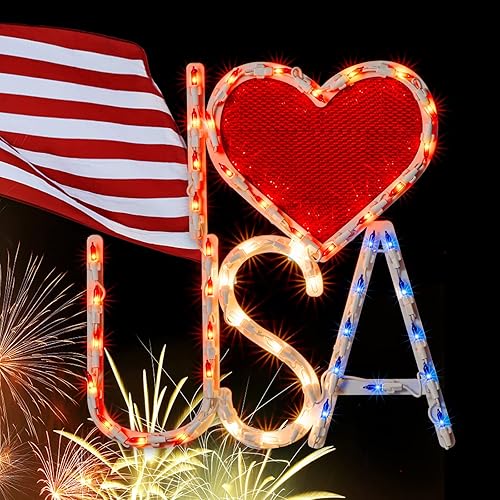 Escultura patriótica iluminada del día de la independencia de la silueta de la ventana 50L iluminada roja, blanca y azul I Love USA
