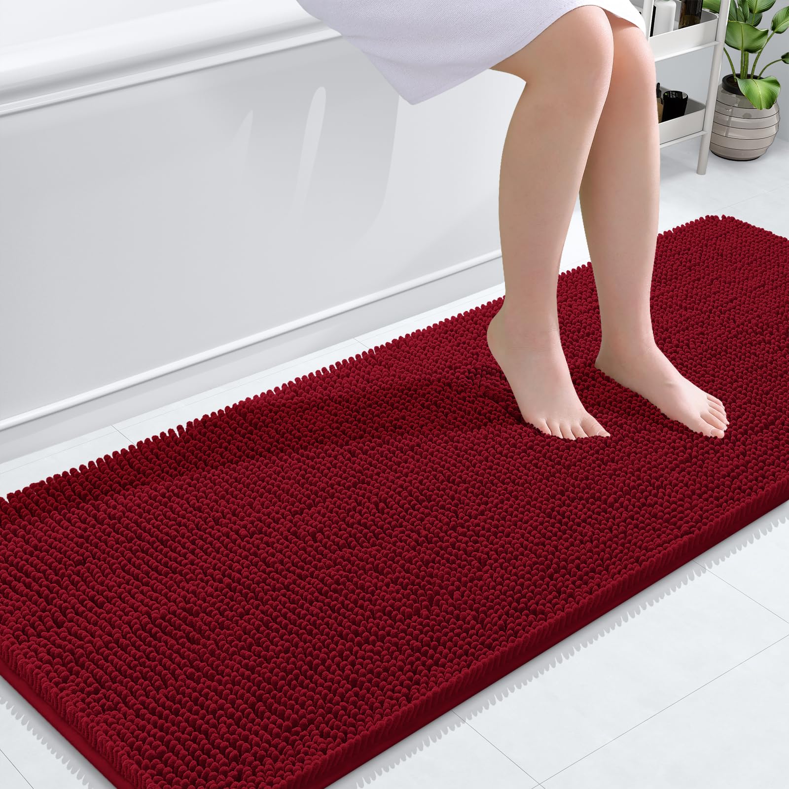 OLANLY Bathroom Runner Rugs 59x24, Extra Soft Absorbent Chenille Bath Rugs | Red, Quick-Drying Rubber Backing, Machine Washable Long Bath Mat for Bathroom Floor, Tub and Shower, Home Decor Accessories