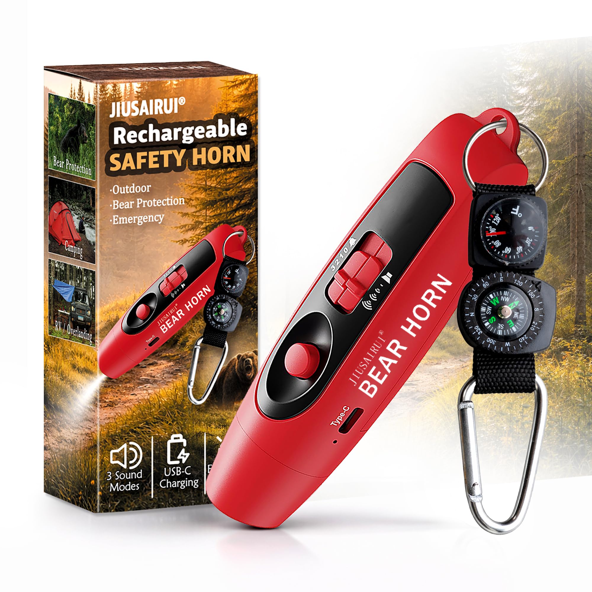 JIUSAIRUI 120dB Electronic Air Horn with Compass &amp; Thermometer- Bear Horn to Scare Bears - Self Defense for Hiking