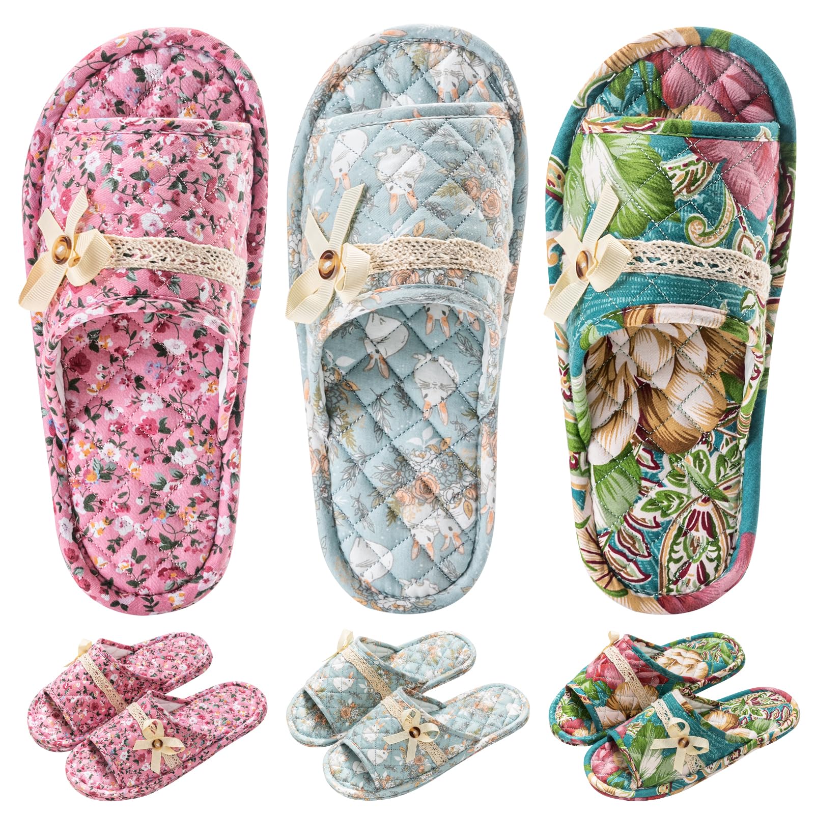 3 Paar Hausschuhe aus Baumwolle mit Blumenmuster für Damen, offener Zehenbereich, bequem, waschbar, tragbar, faltbar, für Gäste, Reisen, Hotel, Flugzeug, Spa