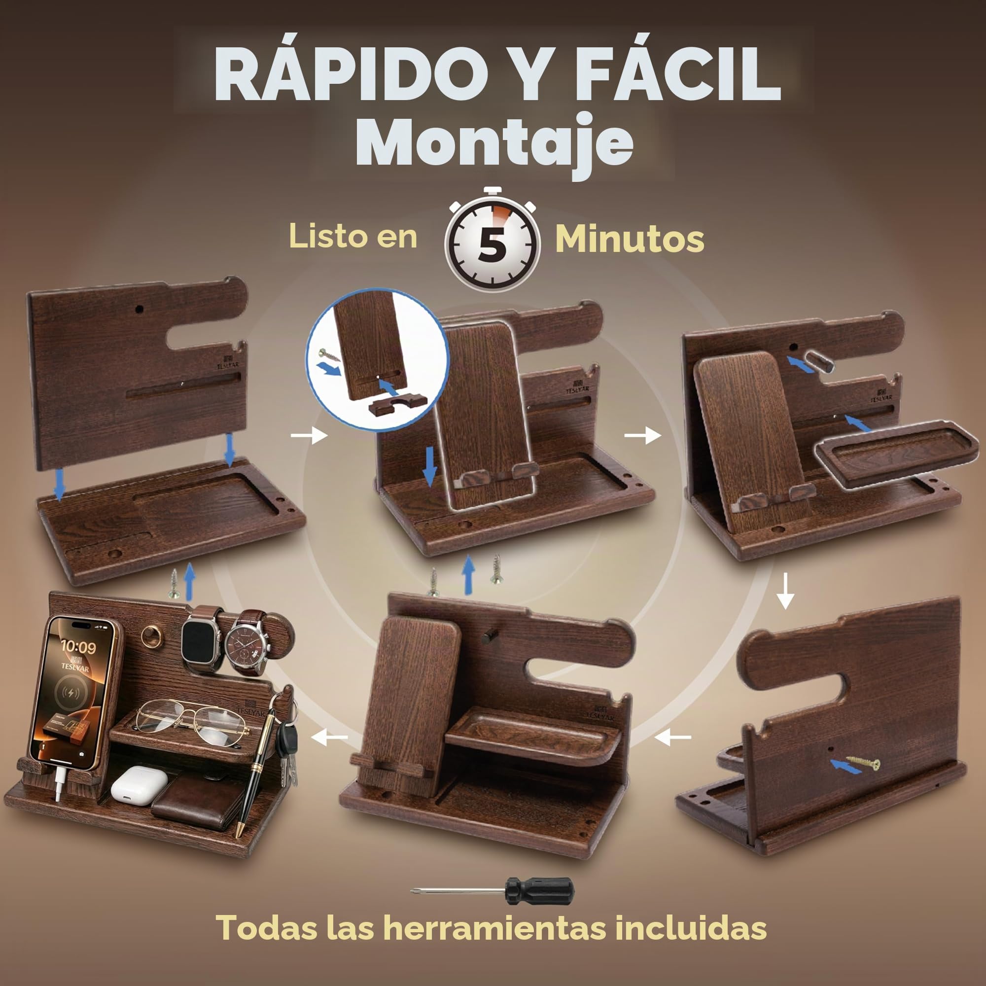 TESLYAR Soporte de Carga para teléfonos móviles con Gancho Llaves Carteras y Relojes Hombres Seres Queridos ya Sea por su Aniversariodía Festivo Regalo Padre Dia del Padre Regalos (Marrón)