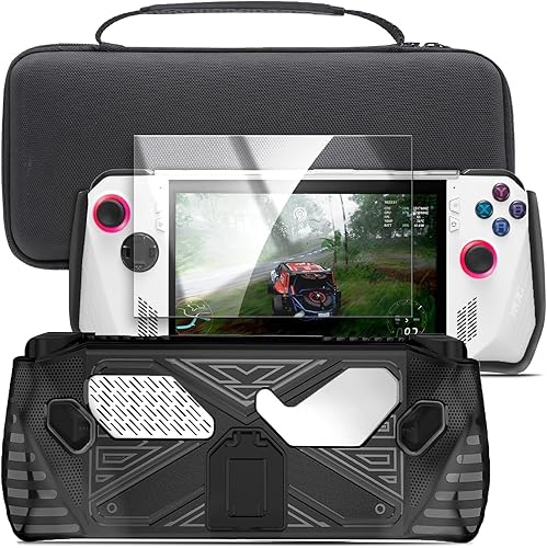 ENCASED Juego de accesorios para Asus ROG Ally - Funda de mano con bolsa de transporte rígida y protector de pantalla de vidrio templado (negro)