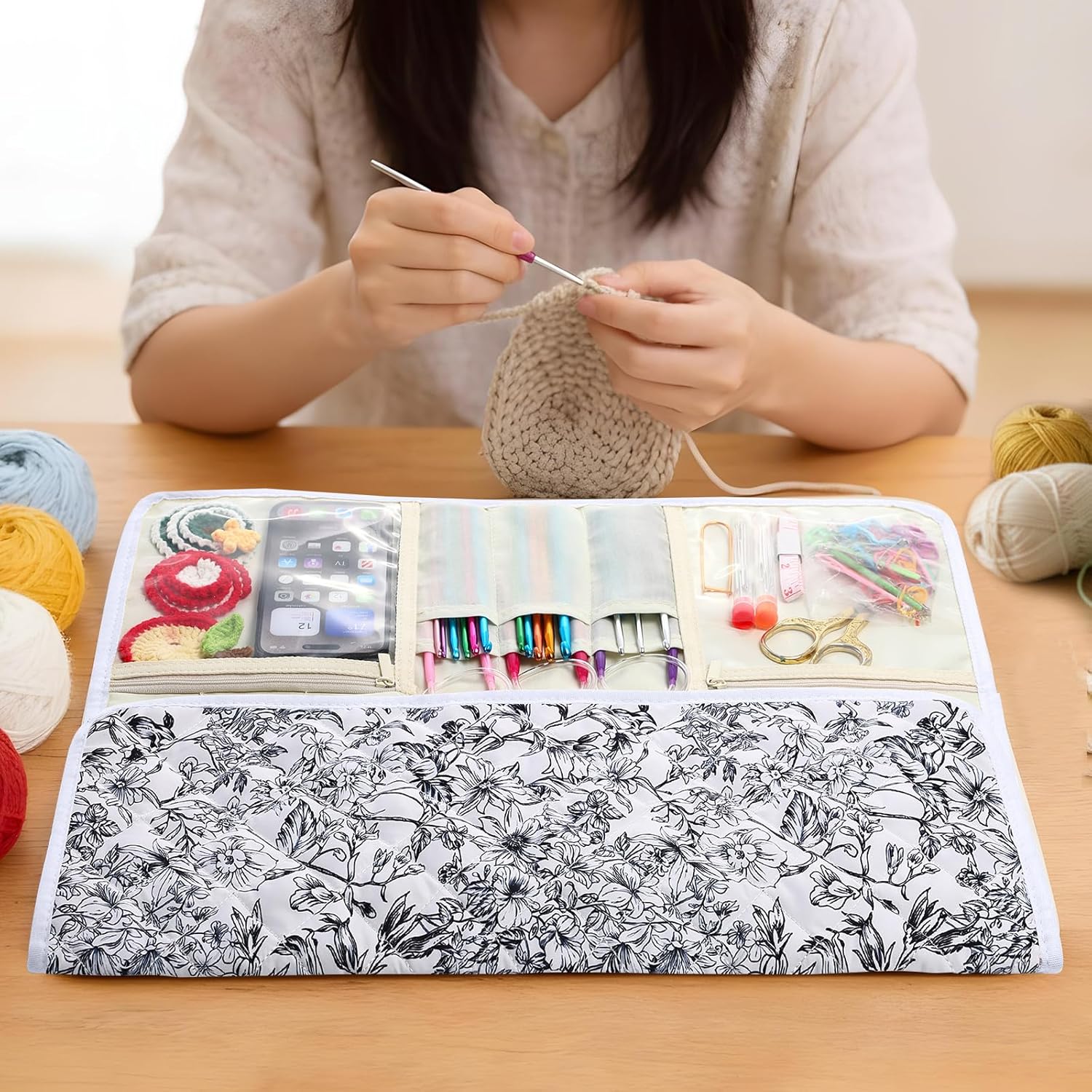 MYBAGZING Knitting Needle Organizer Case Up to 14”, Rolling Storage for Straight & Circular Knitting Needles, Crochet Hook Organizer Bag, Knitting Notions Case, Foldable Travel Needle Holder(BAG ONLY)