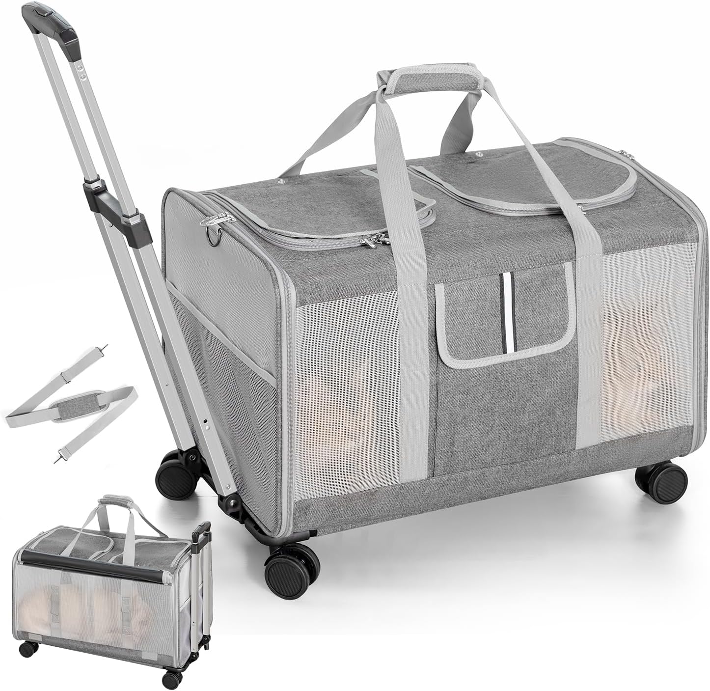 Sedioso Double Cat Carrier with Wheels, 24″ L x 14.5″ W x 14″ H Extra Large Cat Carrier for 2 Big Cats, Soft Rolling Pet Carrier for Dogs Up to 40 Lbs, Double-Compartment Foldable Pet Carrier (Grey)
