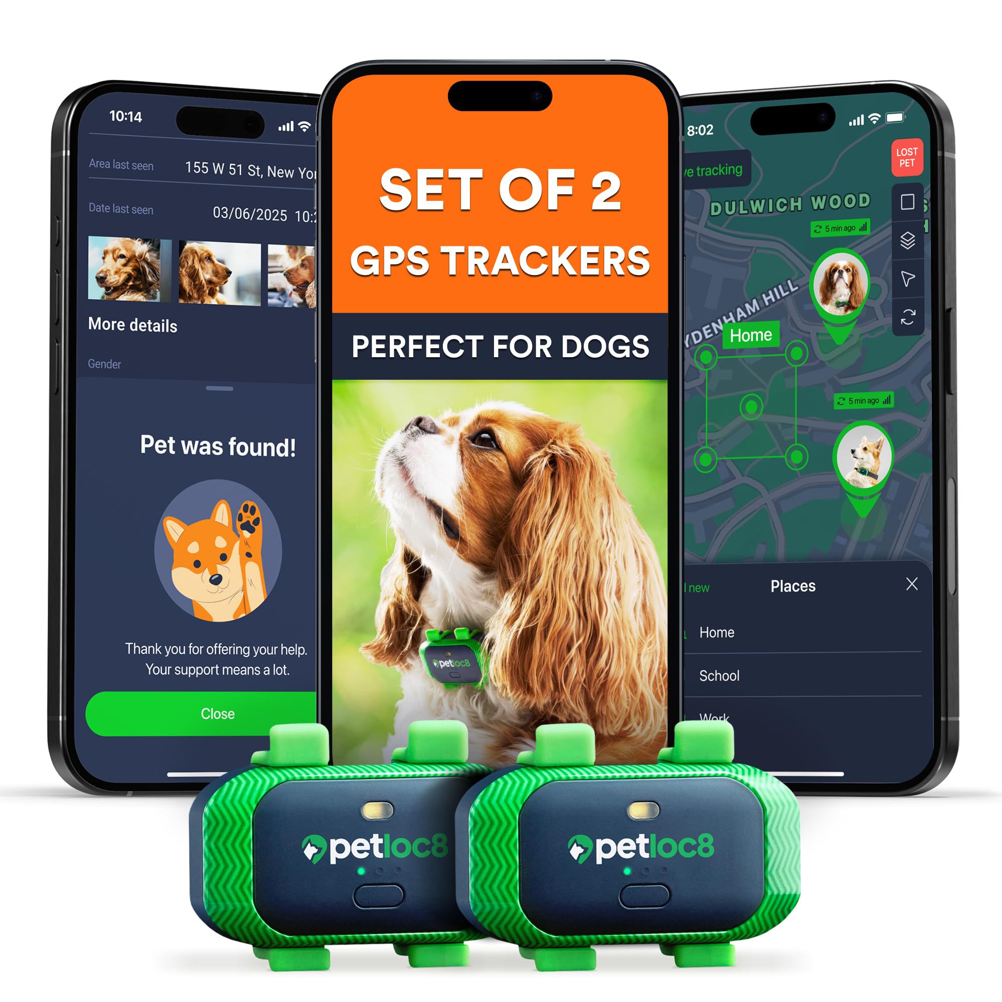 Set of 2 Dog GPS Trackers - Real-Time Location Tracking Device with App - Smart Alerts & Geo-Fence - Collar-Compatible, Waterproof - Long-life Battery - iOS & Android - (Subscription Required)