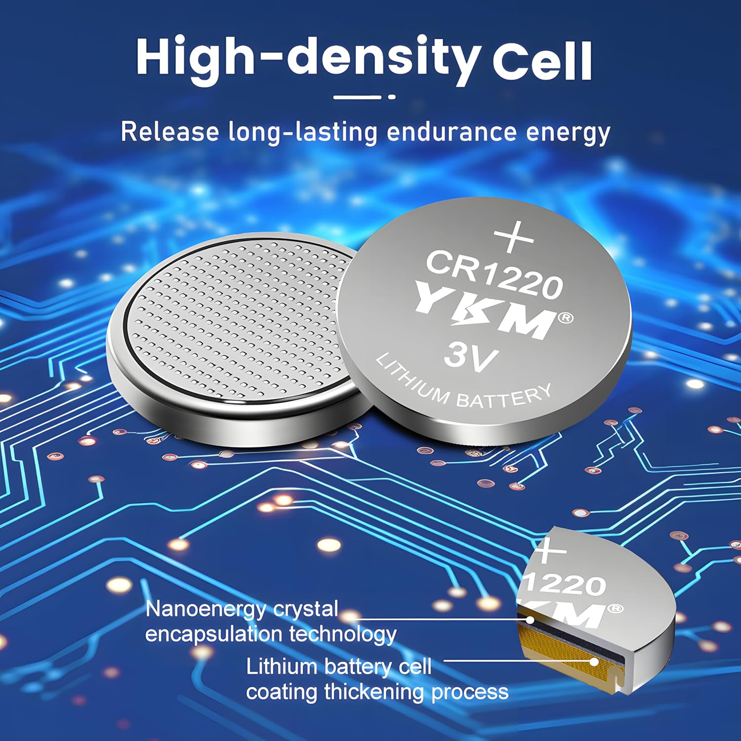 Close-up of a CR1220 battery showing high-density cell and encapsulation technology.
