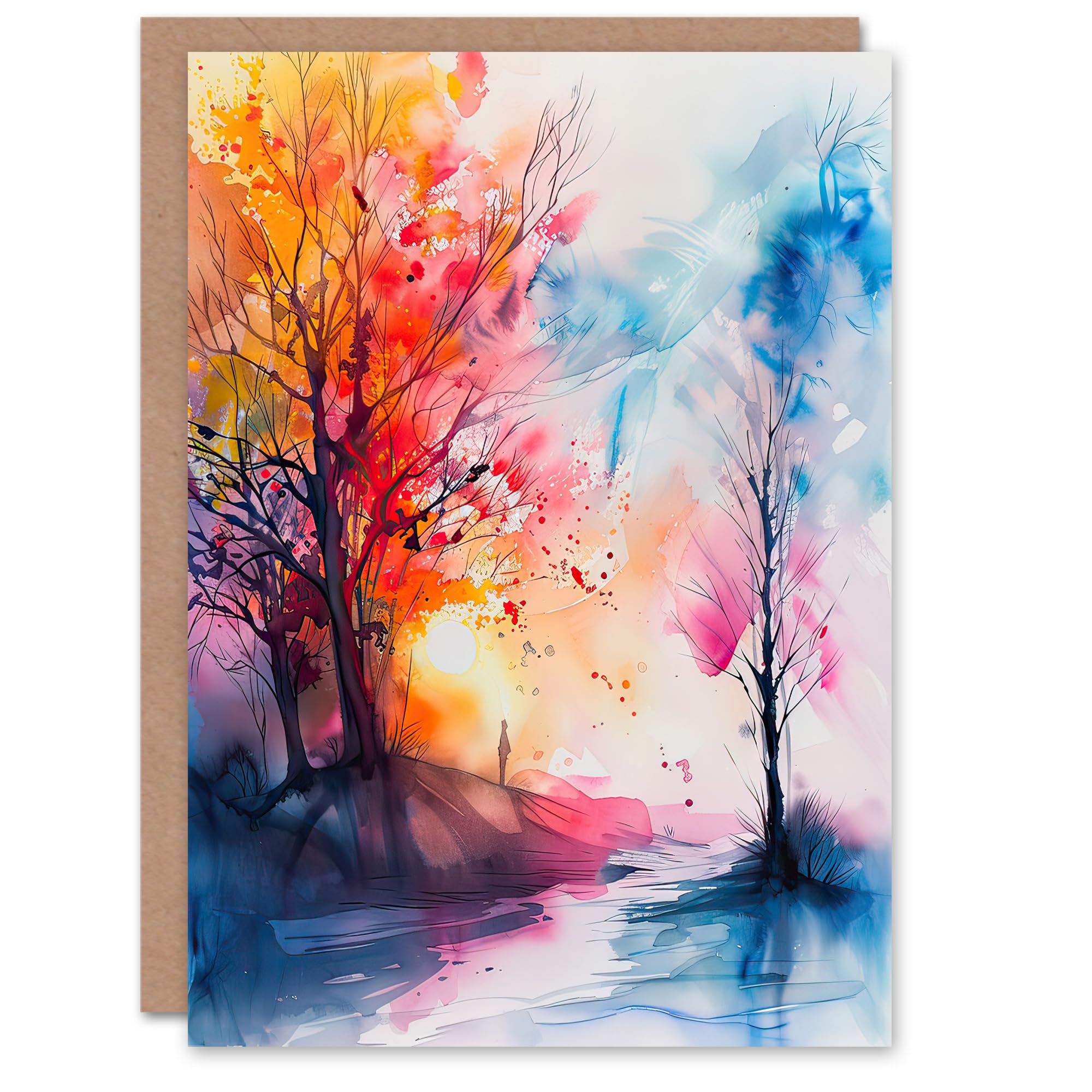Artery8 Greeting Card Autumn Forest Sunrise Dream Watercolour Painting Blank For Him Or Her Art Birthday Card