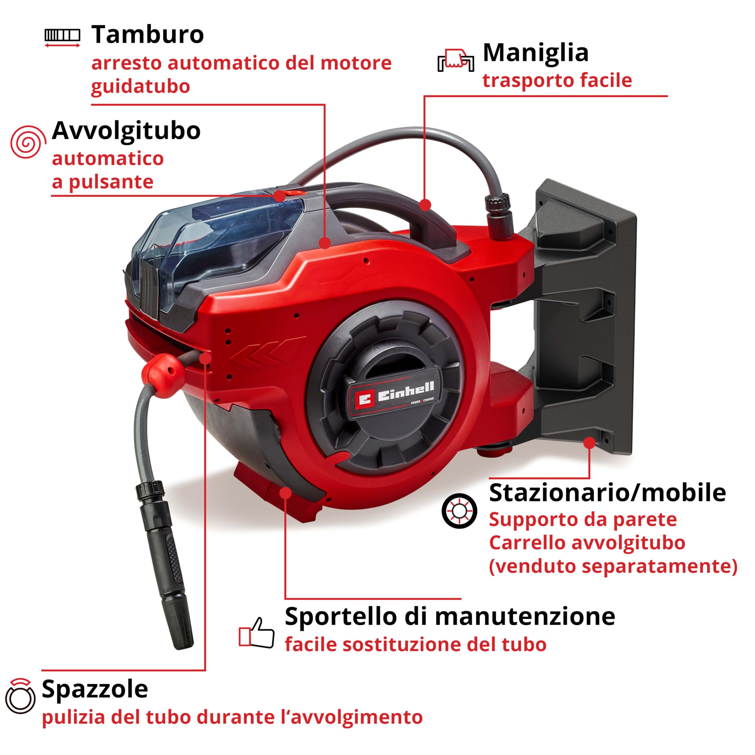 Einhell Tamburo avvolgitubo a batteria GE-HR 18/30 Li-Solo Power X-Change (avvolgitubo automatico, orientabile fino a 180°, supporto a parete, tubo e irroratore, manichetta da 30 m, senza batteria)