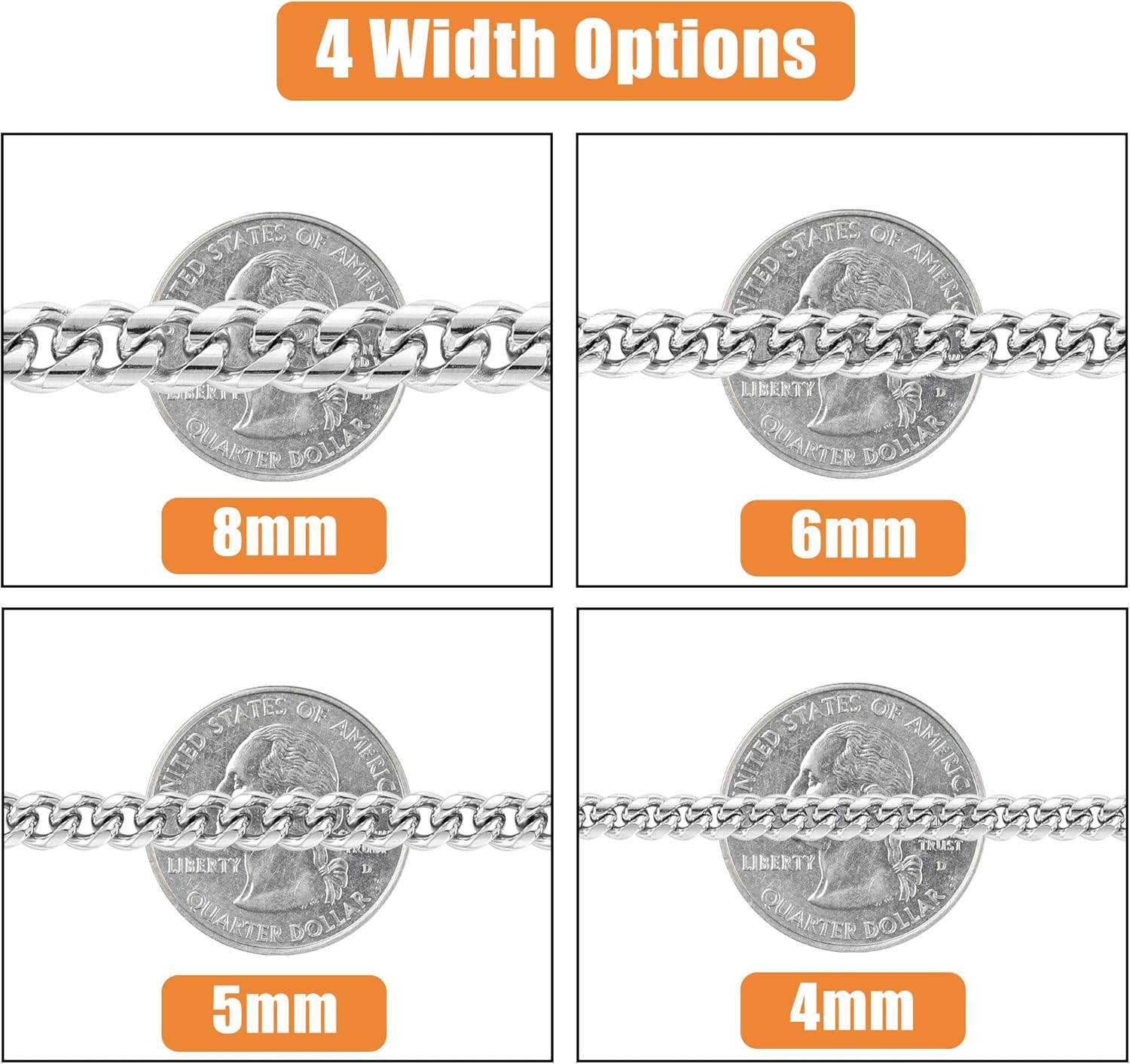 Fiusem Silver Tone Cuban Link Chain for Men, Mens Chain Necklaces, Stainless Steel Chain Necklaces for Men Women, Width 4/5/6/8mm - Image 6