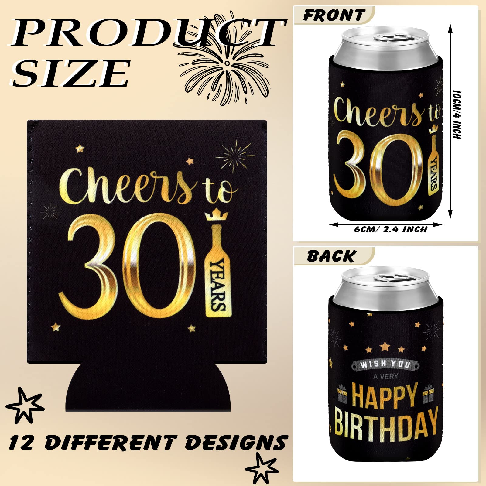 Umigy 24 Pcs 30th Birthday Can Sleeve to 30 Years Can Neoprene Cooler 30th Birthday Decorations Party Favors Party Supplies Gift for Men Women