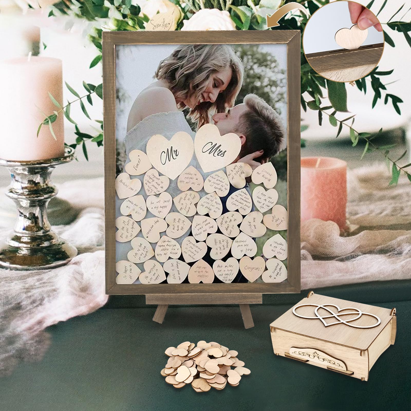 Libro de visitas de madera para boda, con marco de fotos, 100 corazones de madera para escribir, libro de invitados para bodas, cumpleaños y baby shower