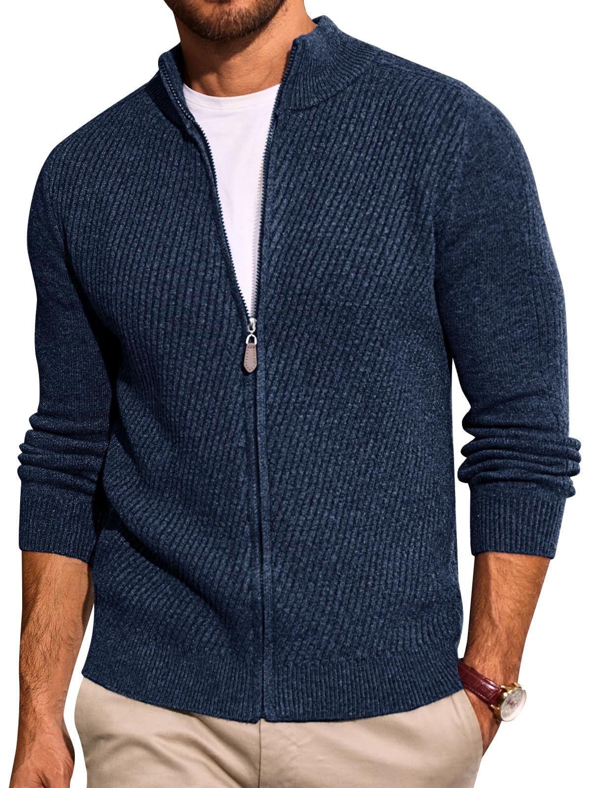 Mens Full Zip Cardigan Sweater Casual Slim Fit Knit Sweaters Stand Collar Fall Winter Ribbed Cardigan, Navy, Large-image-41