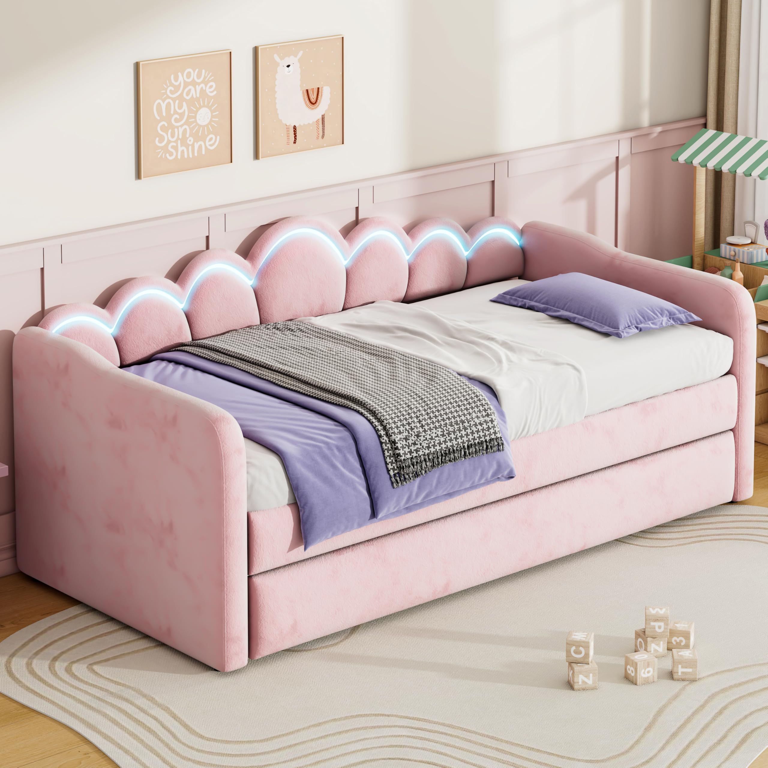 Photo 1 of Merax Twin XL Size Upholstered Daybed with Trundle & Adjustable LED Lights, Velvet Trundle Bed, Trundle can be Flat or Erected, Sofa Day Bed for Bedroom Guest Room, No Box Spring Needed, White