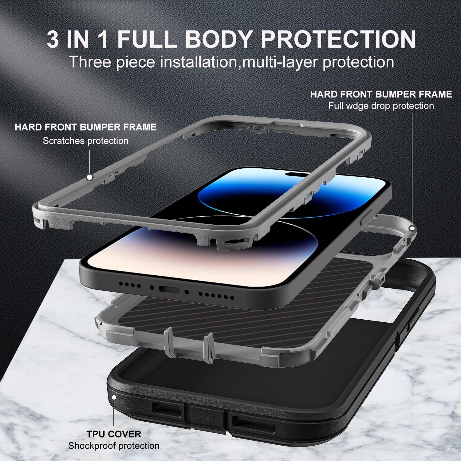 for iPhone 14 Pro Case, Military Grade 3 in 1 Heavy Duty Shockproof/Drop Proof/Dust Proof Case with 2Pcs Tempered Glass Screen Protector (Black/Grey) - Image 4