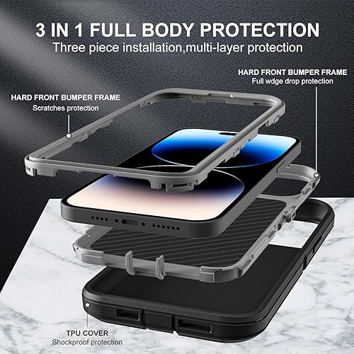Miniatura 4 de Funda para iPhone 14 Pro, grado militar 3 en 1, resistente a los golpes, a prueba de caídas, polvo con 2 protectores de pantalla de vidrio templado