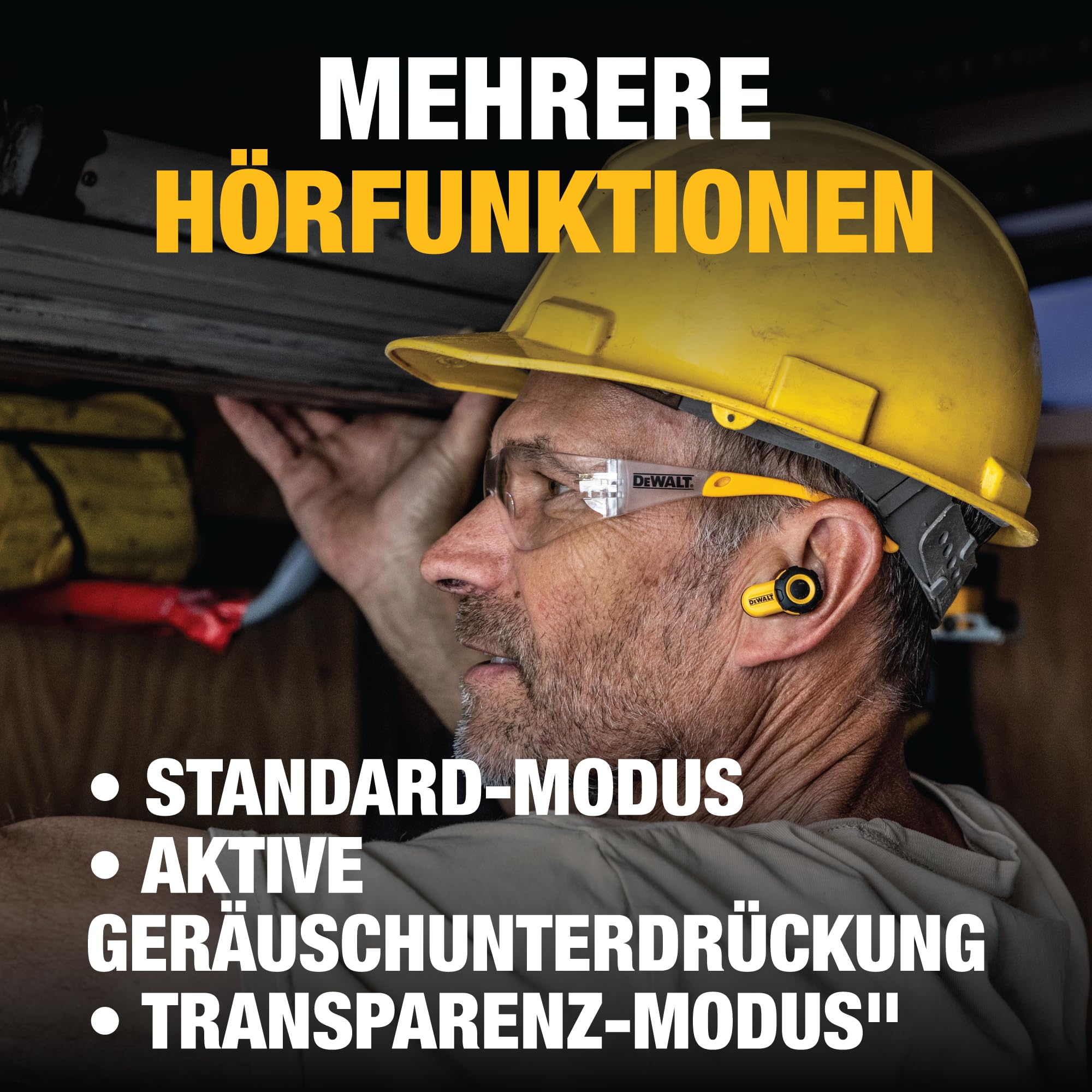 DEWALT Jobsite Pro X2 True Wireless Earbuds – Bluetooth 5.3 Kopfhörer mit Active Noise Cancelling, IP54 Staub- & Wasserschutz, 40 Std. Akkulaufzeit, Lautstärkeregelung, für Arbeit & Reisen
