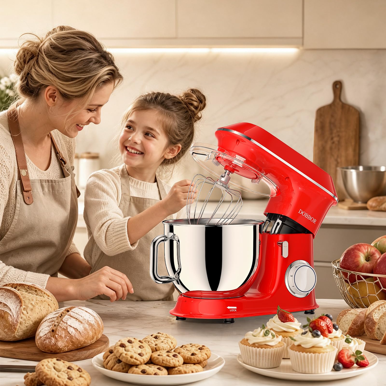 9.5Litri Impastatrice planetaria, DOBBOR 1500W Robot da Cucina con ciotola di acciaio inossidabile, 7 velocità con Gancio per Impastare, Frusta, Sbattitore, Ciotola e Coperchio (Rosso)