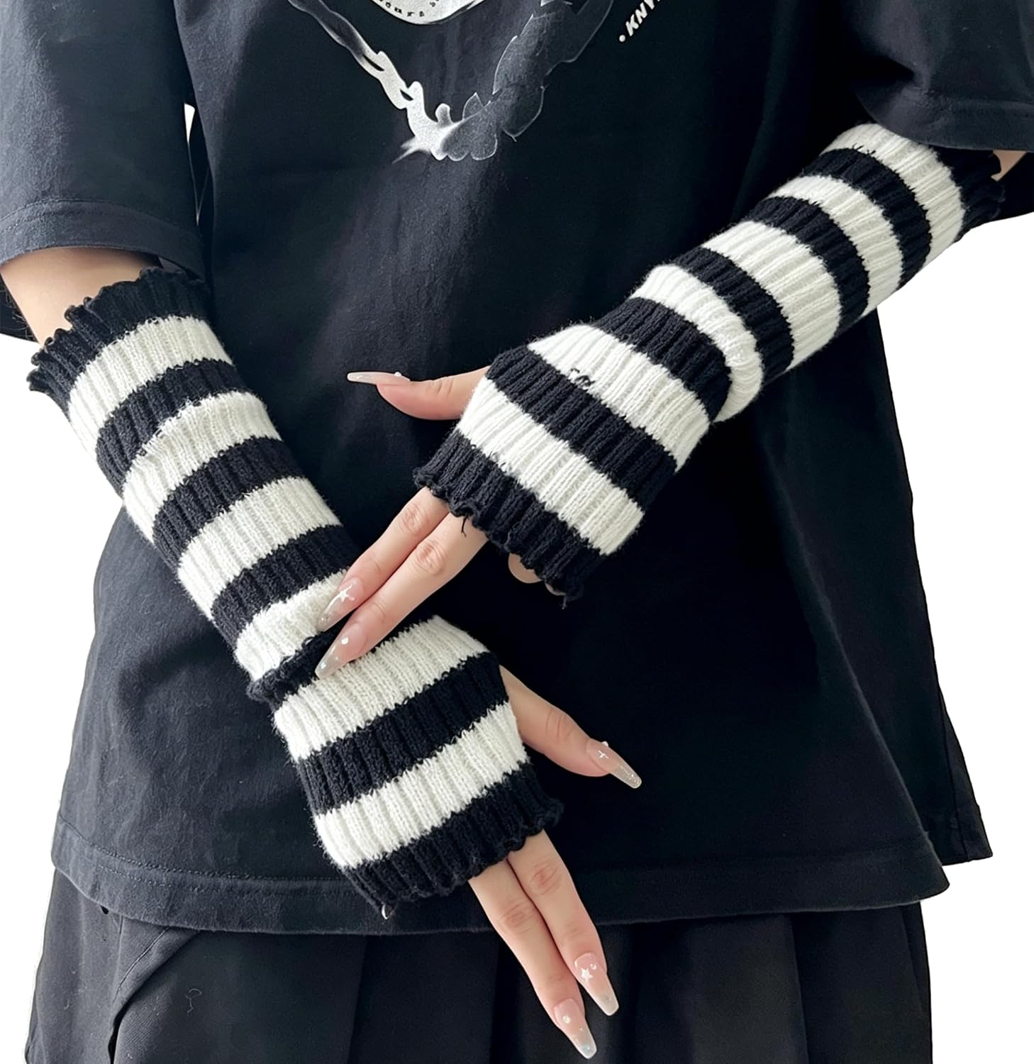 Punk Arm Warmers Goth Y2k Striped Knit Fingerless Grunge Gloves with Thumb Hole Japanese Harajuku Cosplay Style