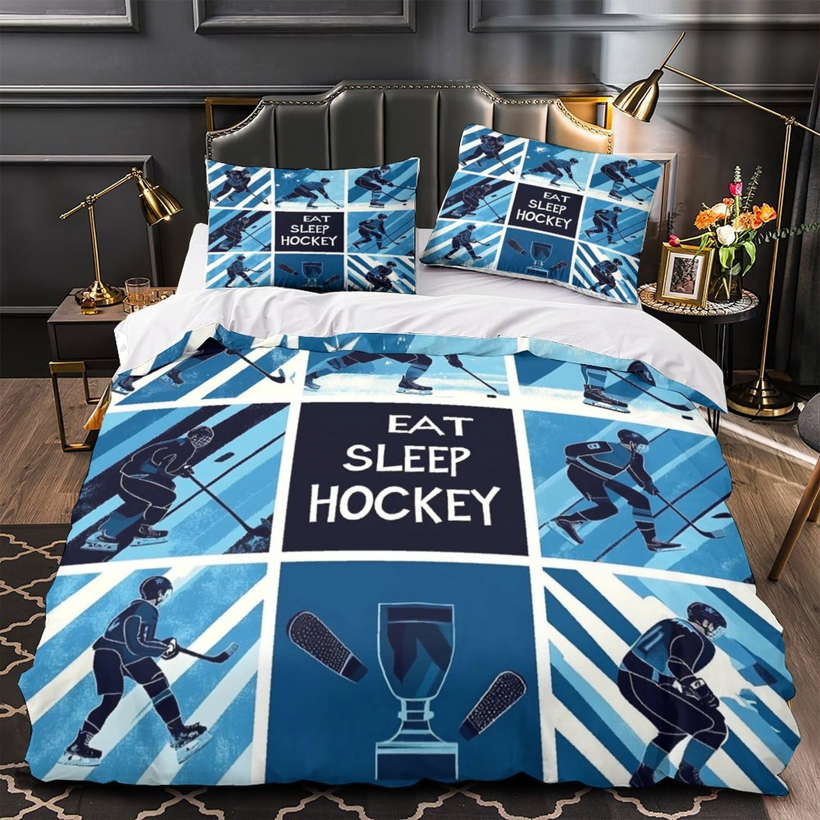 Parure de lit hockey enfant housse de couette 140x200 en microfibre résistante 3D