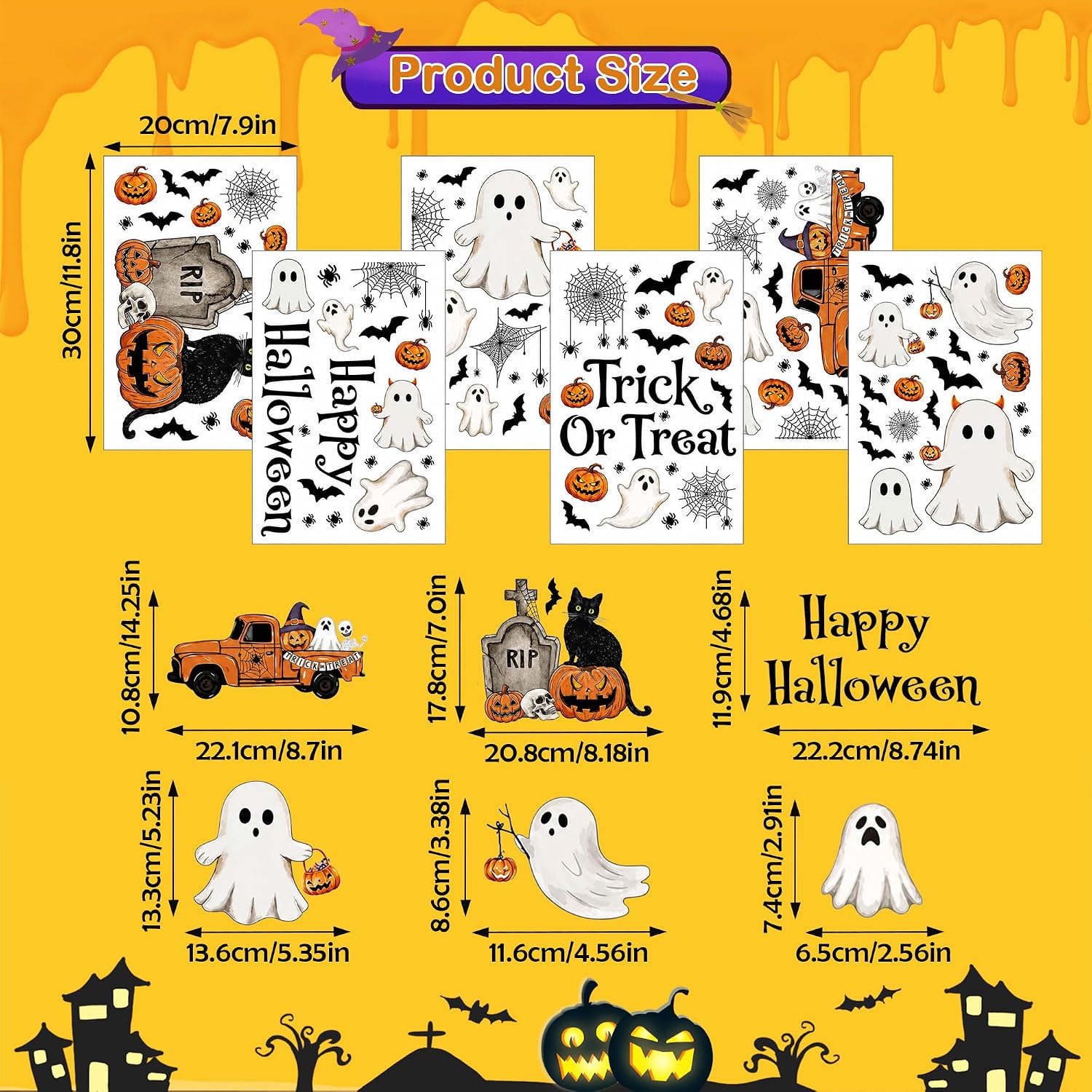 6 Sheets Halloween Window Clings Ghost Pumpkin Bat Window Stickers Decor image 2