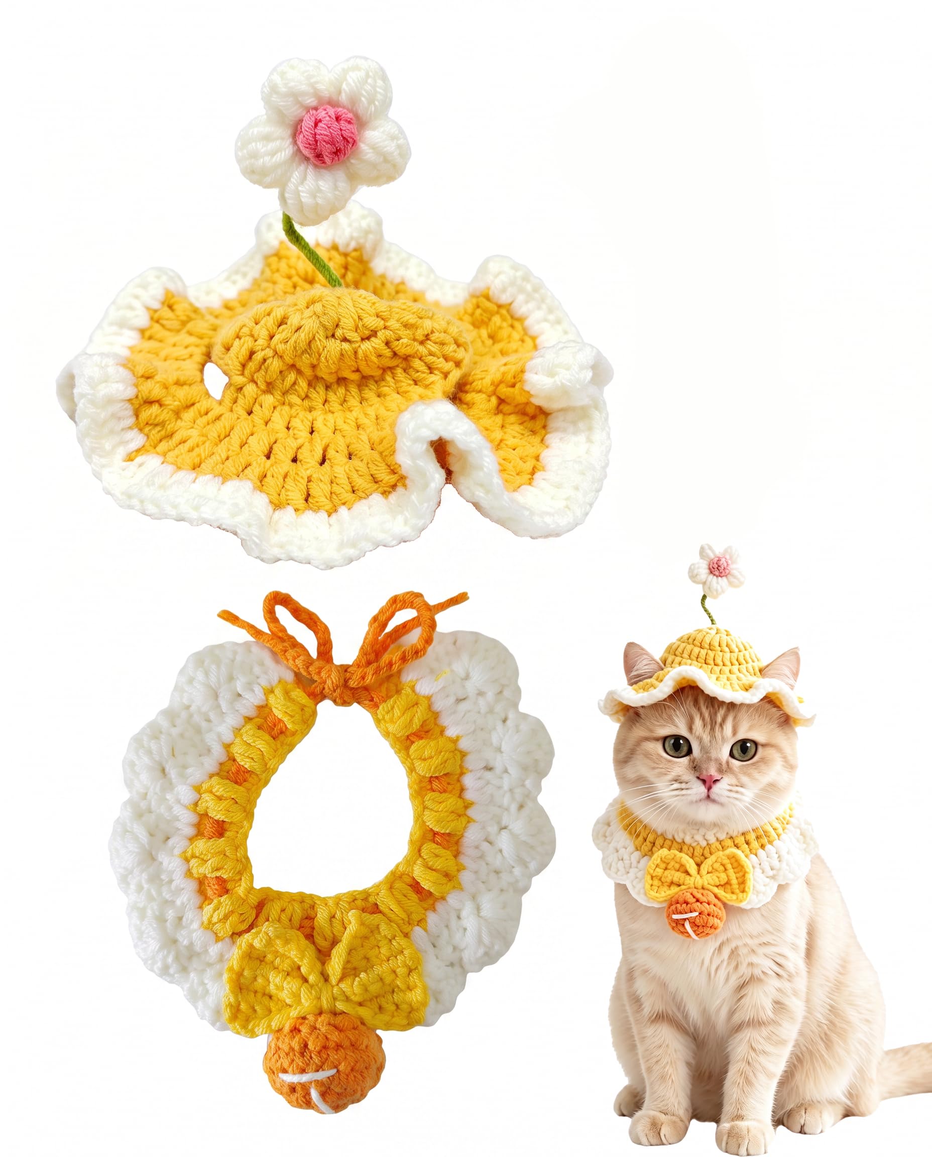 Cat hat, 2-Piece Dog Cap, Knitted Pet Neck Warmer Set | Includes yellow flower size M and orange bell 30-35cm designs, suitable for 3 to 7.5kg pets, alternative to cat clothes.-image-26