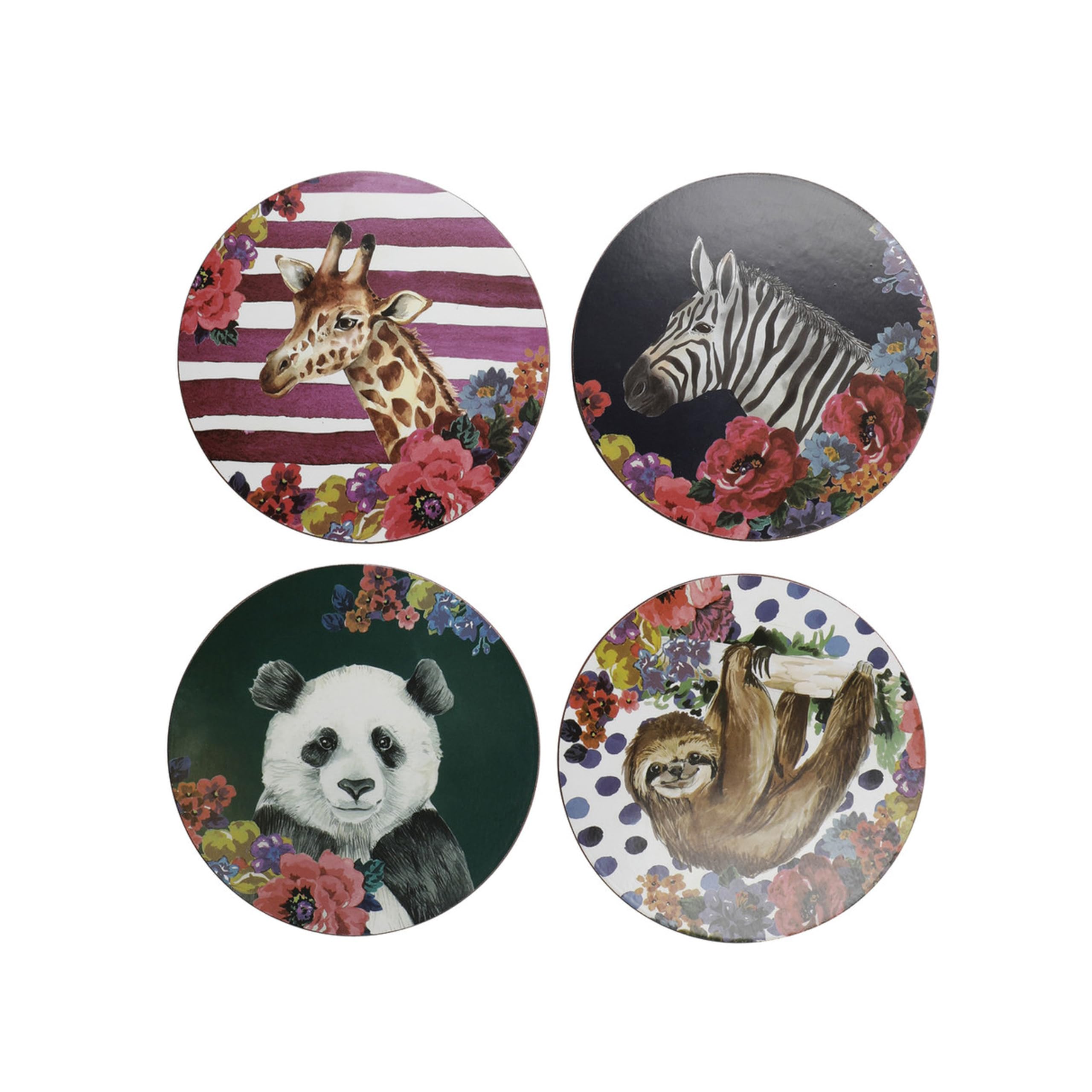 KitchenCraft Mikasa Wild At Heart Round Coasters Set - Pack of 4 Safari Animals Tableware - Giraffe Sloth Panda Zebra Wildlife Gifts