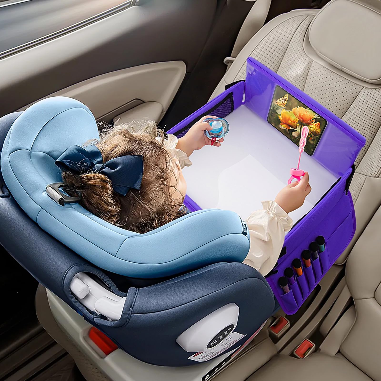 Plateau de Voyage Enfant Voiture - Tablette avec 6 Marqueurs et 1 Sac de Rangement (Violet)