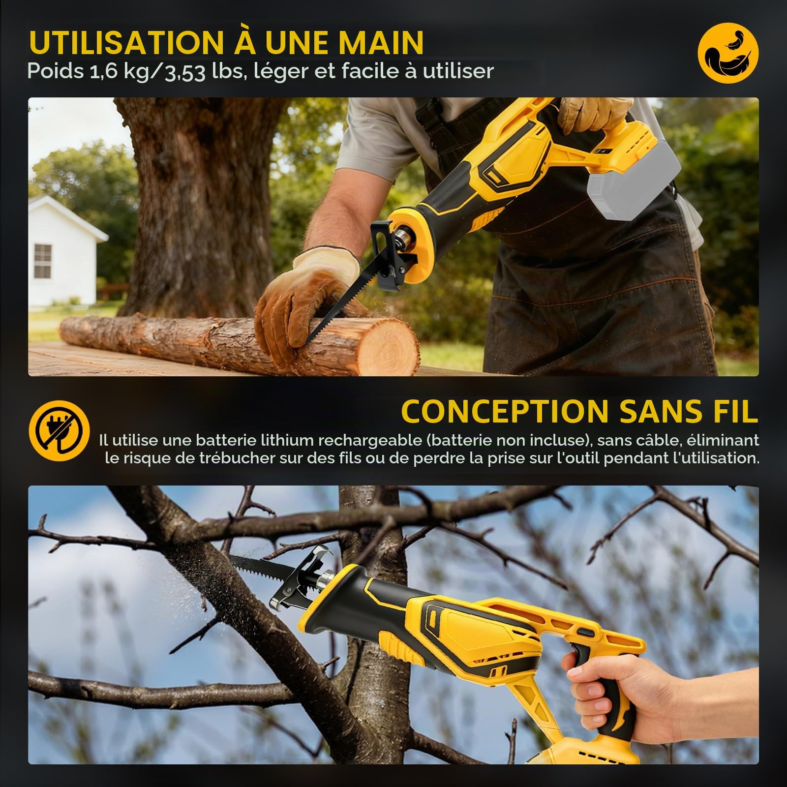 Scie sabre sans fil pour Dewalt 20 V, 3000 SPM, scie sabre sans fil, vitesse variable avec 8 lames de scie pour couper le bois, le métal, le plastique (sans batterie)