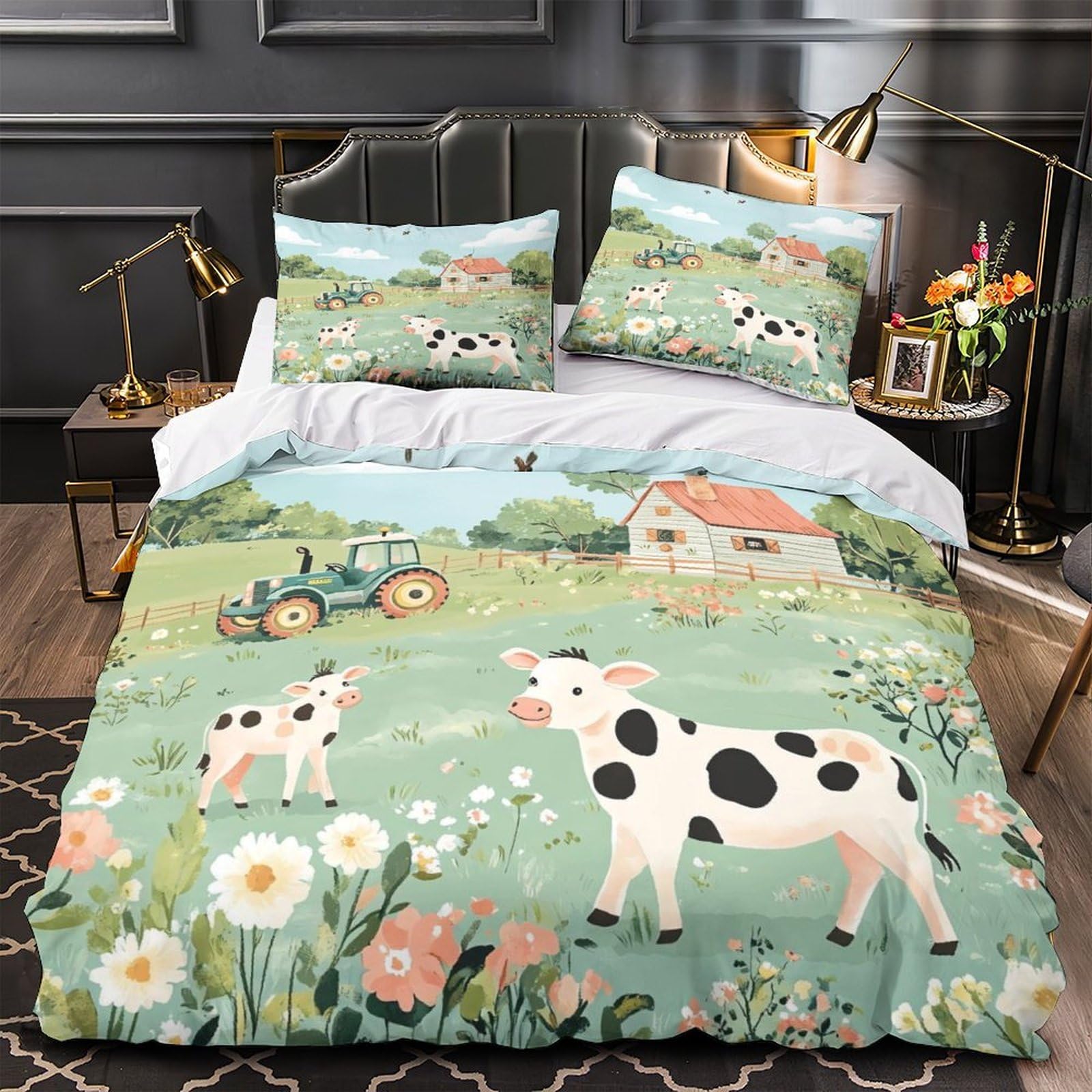 Parure de lit 140x200 infroissable housse de couette ferme 3D respirante pour lit simple ado