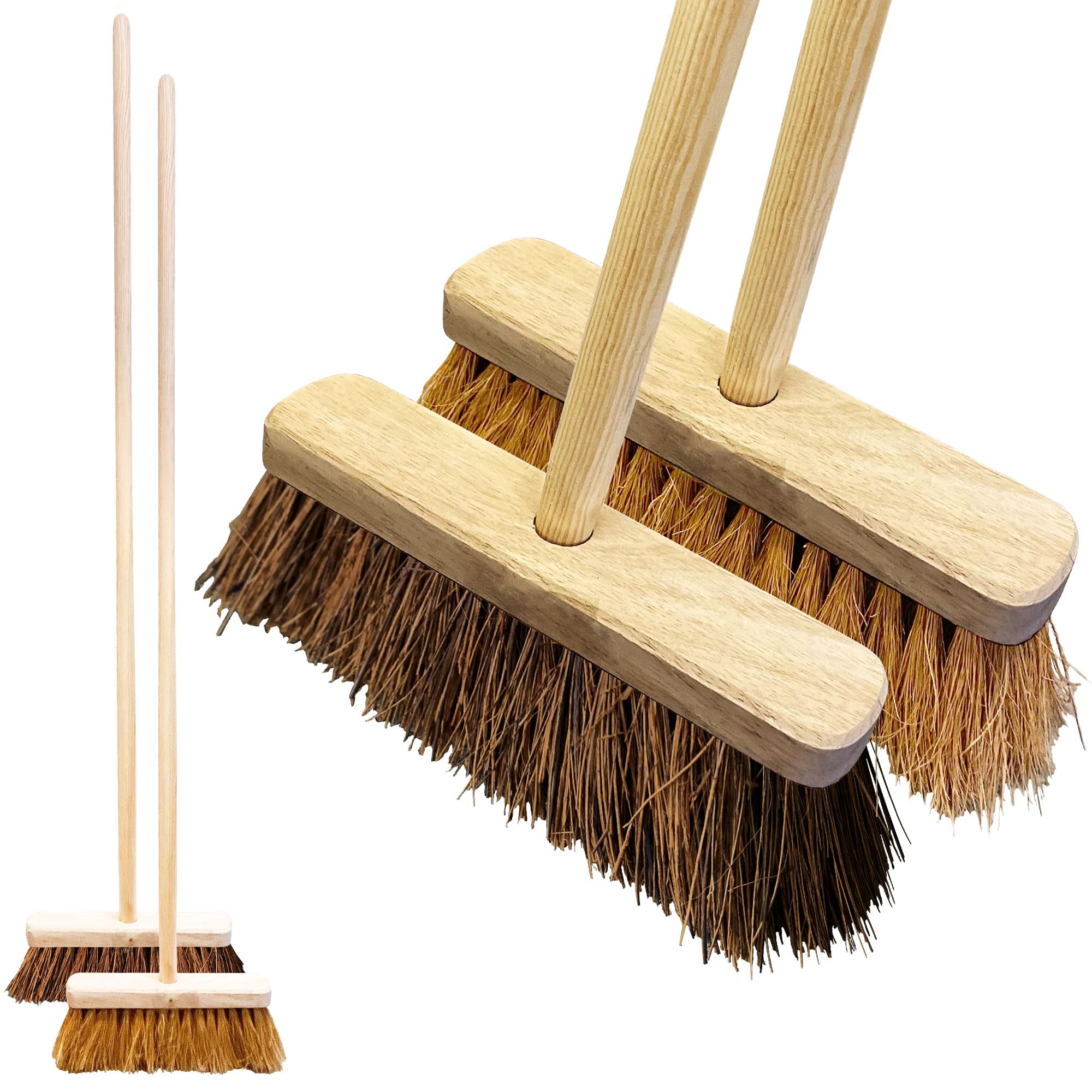 Tdbs The Dustpan And Brush Store Brown Twin Pack Garden Broom Outdoor Heavy Duty - Stiff Yard Brush Bassine And Soft Bristle Broom Coco - Yard Brush Heavy Duty Outdoor For Dual Purpose Cleaning, Easy Assembly, 120Cm Wooden Handle