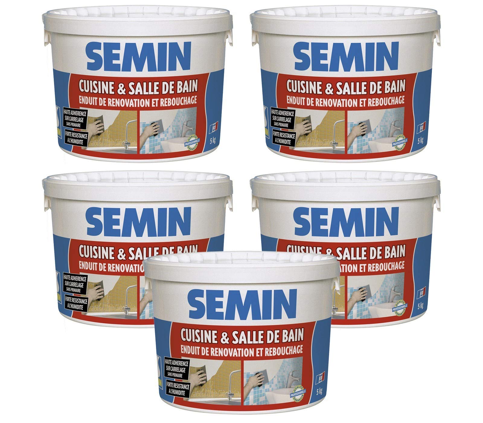 SEMIN Enduit de Rebouchage & Rénovation Cuisine et Salle de Bain 5kg – Enduit Prêt à l’Emploi, Haute Adhérence sur Carrelage sans Primaire, Résistant à l’Humidité, Murs Intérieurs - Lot de 5
