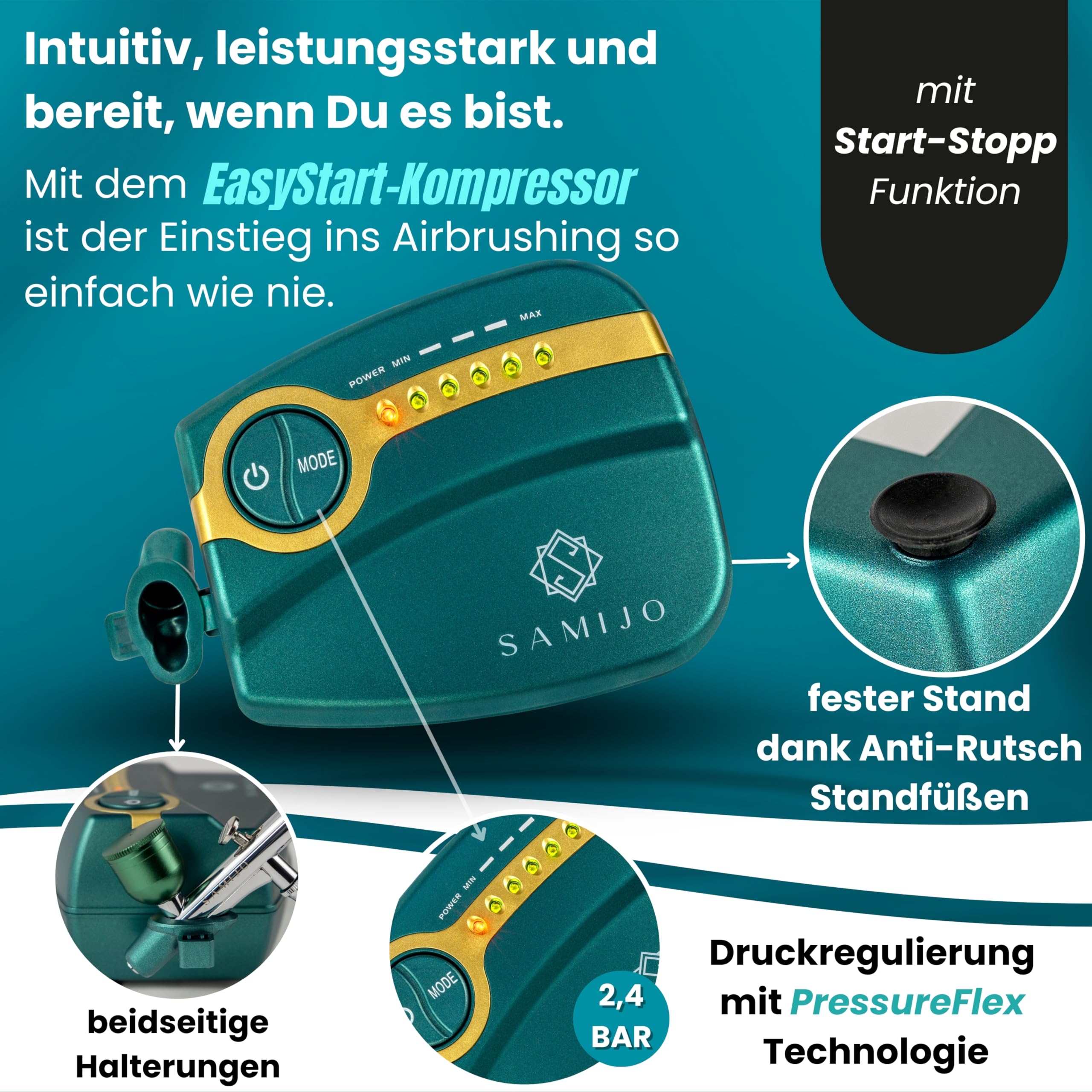 SAMIJO Airbrush Set mit Kompressor, leise, kompakt, vielseitig, Airbrush-Set für Einsteiger, inkl. [DIY SCHABLONEN] Dein Komplettset für Modellbau, Haut, Nails und vieles mehr, eisgrün