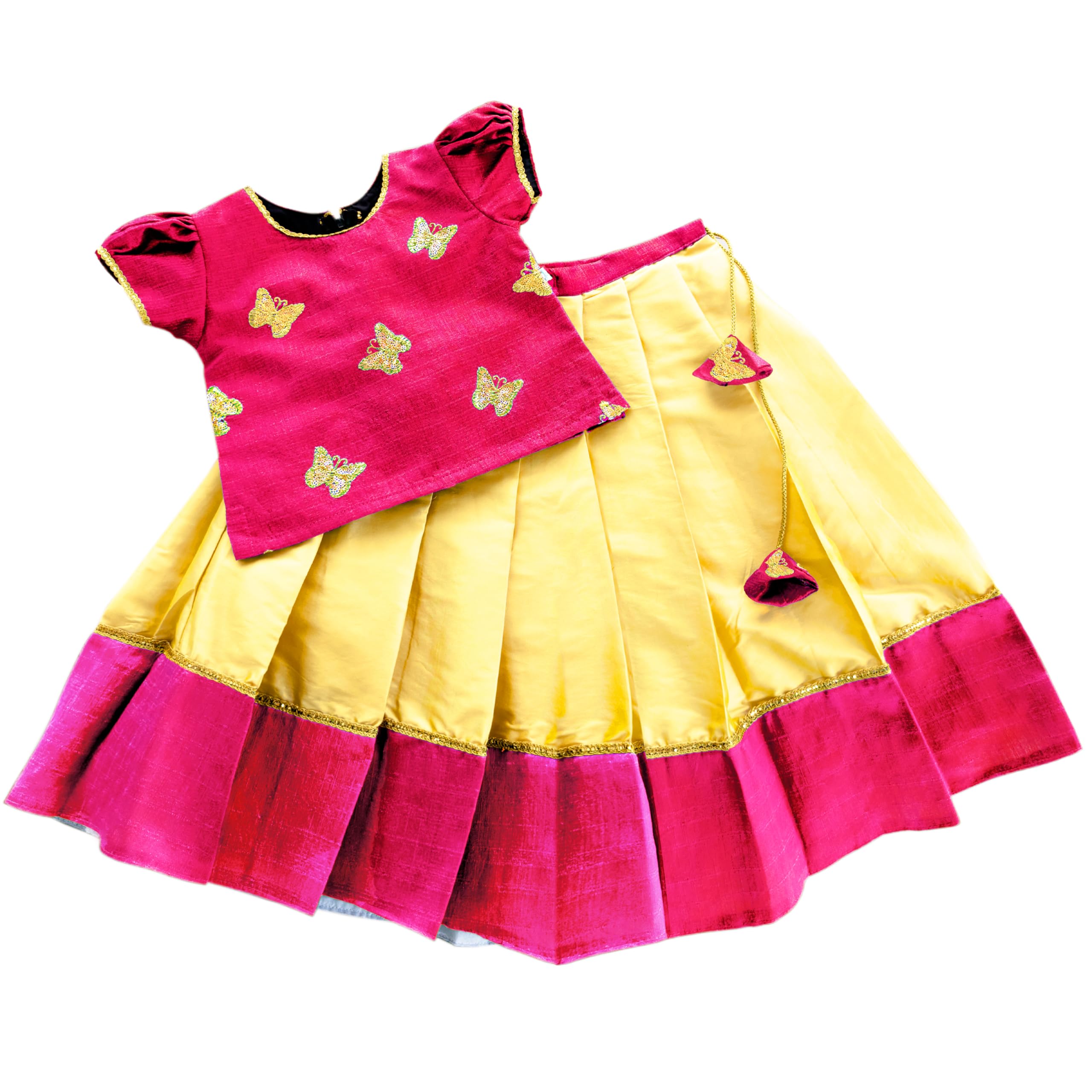 Stanwells KidsLehenga Choli for Girls Cotton Silk Traditional Dress Ethnic Wear for Baby Girls Front Bow Readymade Embroidered Lehenga for Kids Kerala South Indian Pattu Pavadai Lehenga for Kids