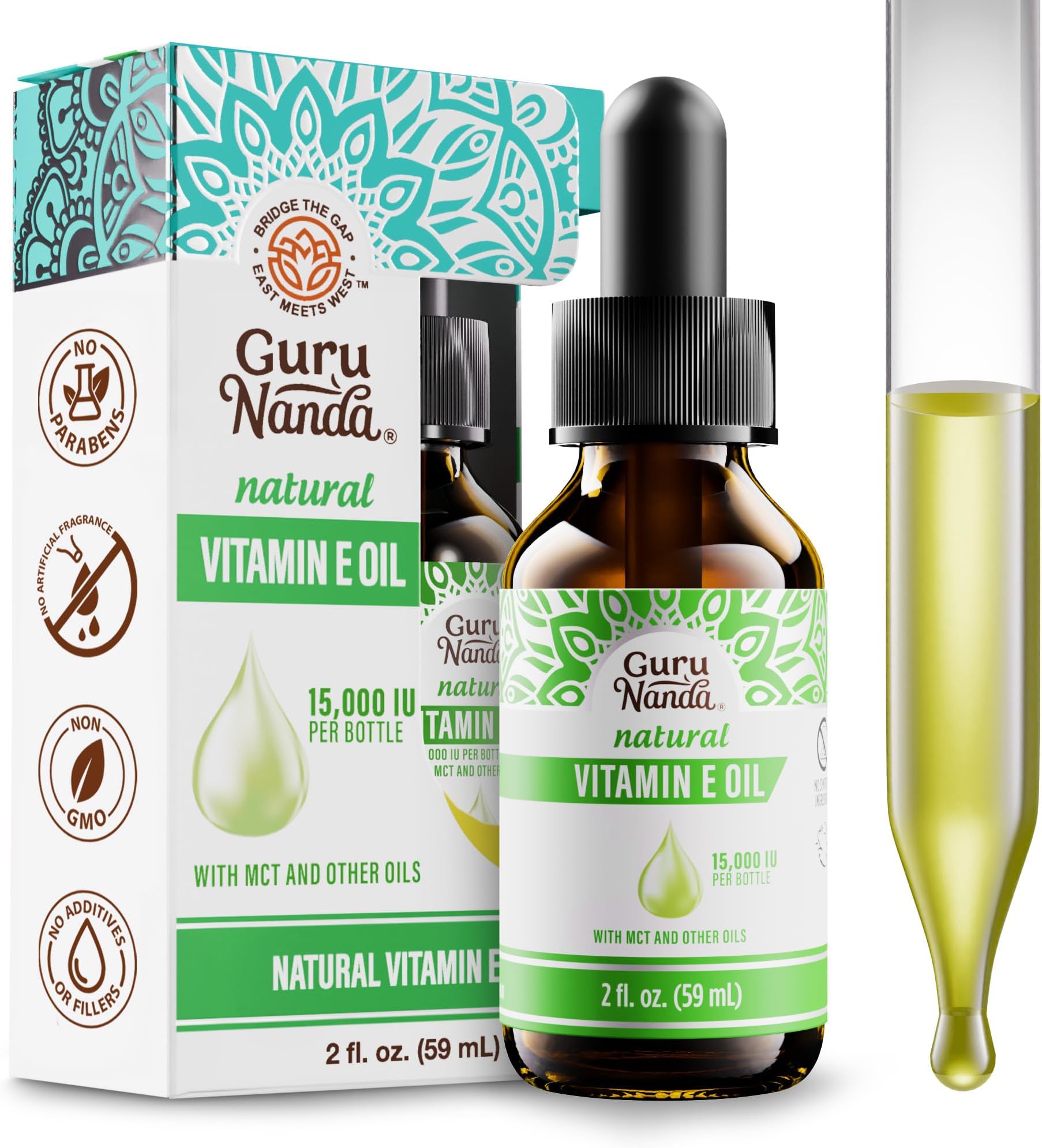 GuruNanda Vitamin E Oil, 2 Fl Oz Pure & Natural, 15,000 IU per Bottle, for Skin, Hair, Face, Nails & Scars, With Coconut Oil to Help Nourish & Moisture, Non-GMO & Vegan