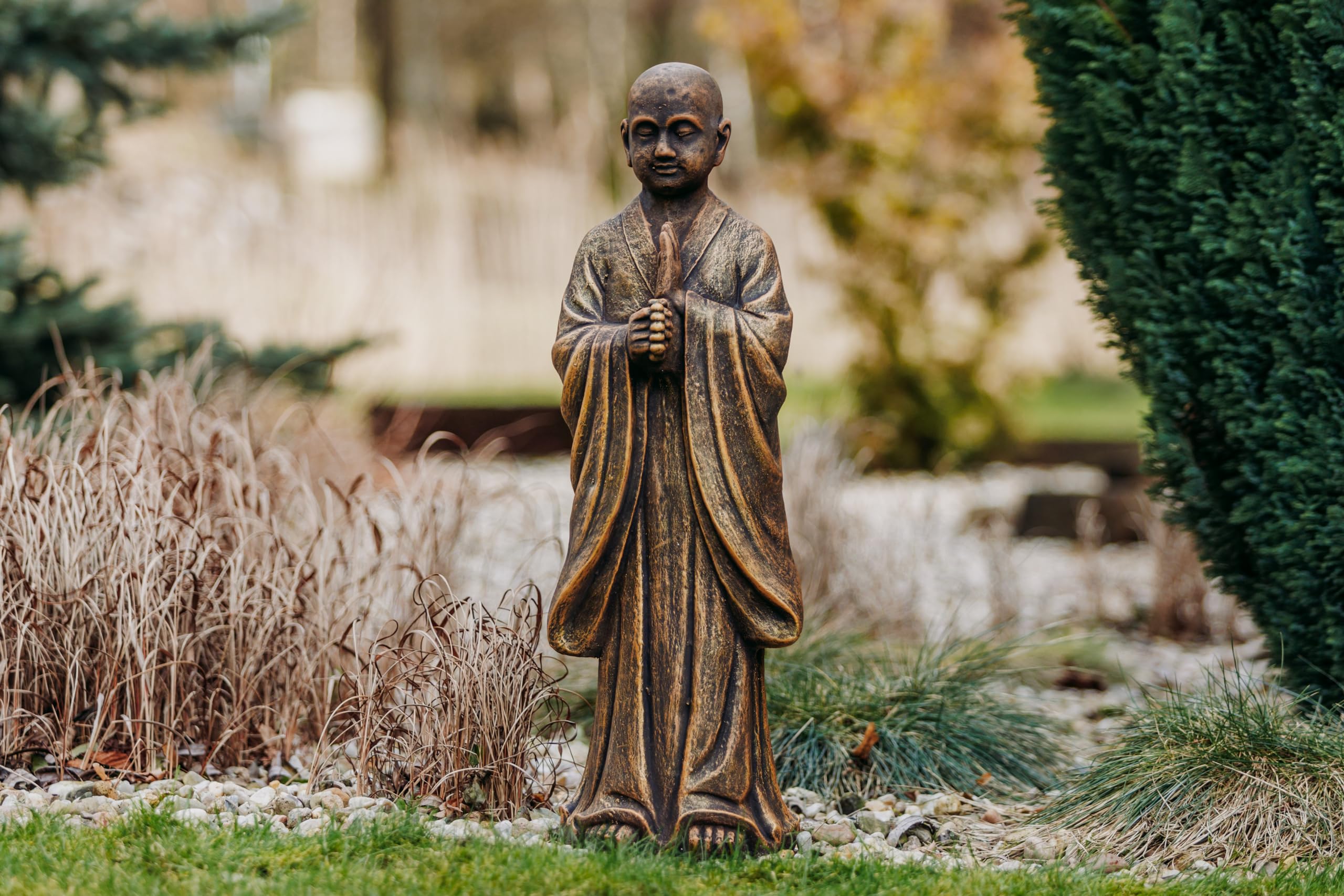 Steinfigur Stehender Buddha Mönch, 60 Cm Hoch, 17 Kg, Frostsicher Aus Steinguss | Gartenfigur Für Außenbereich