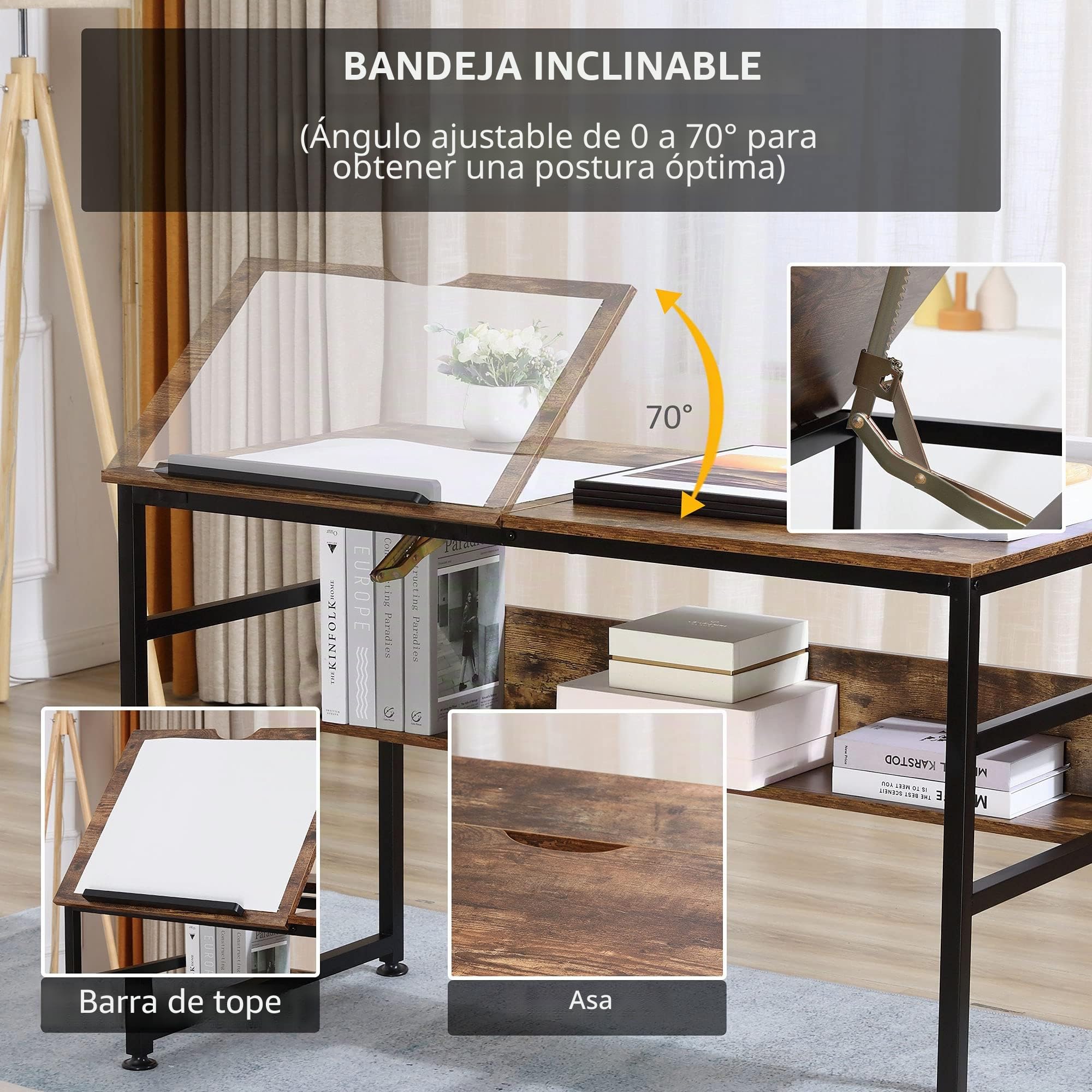 HOMCOM Mesa de dibujo ajustable 15 niveles tablero inclinable Marrón | Mesa de dibujo, estación de trabajo para pintar, escritorio multifuncional, estante de almacenamiento, Home Office.