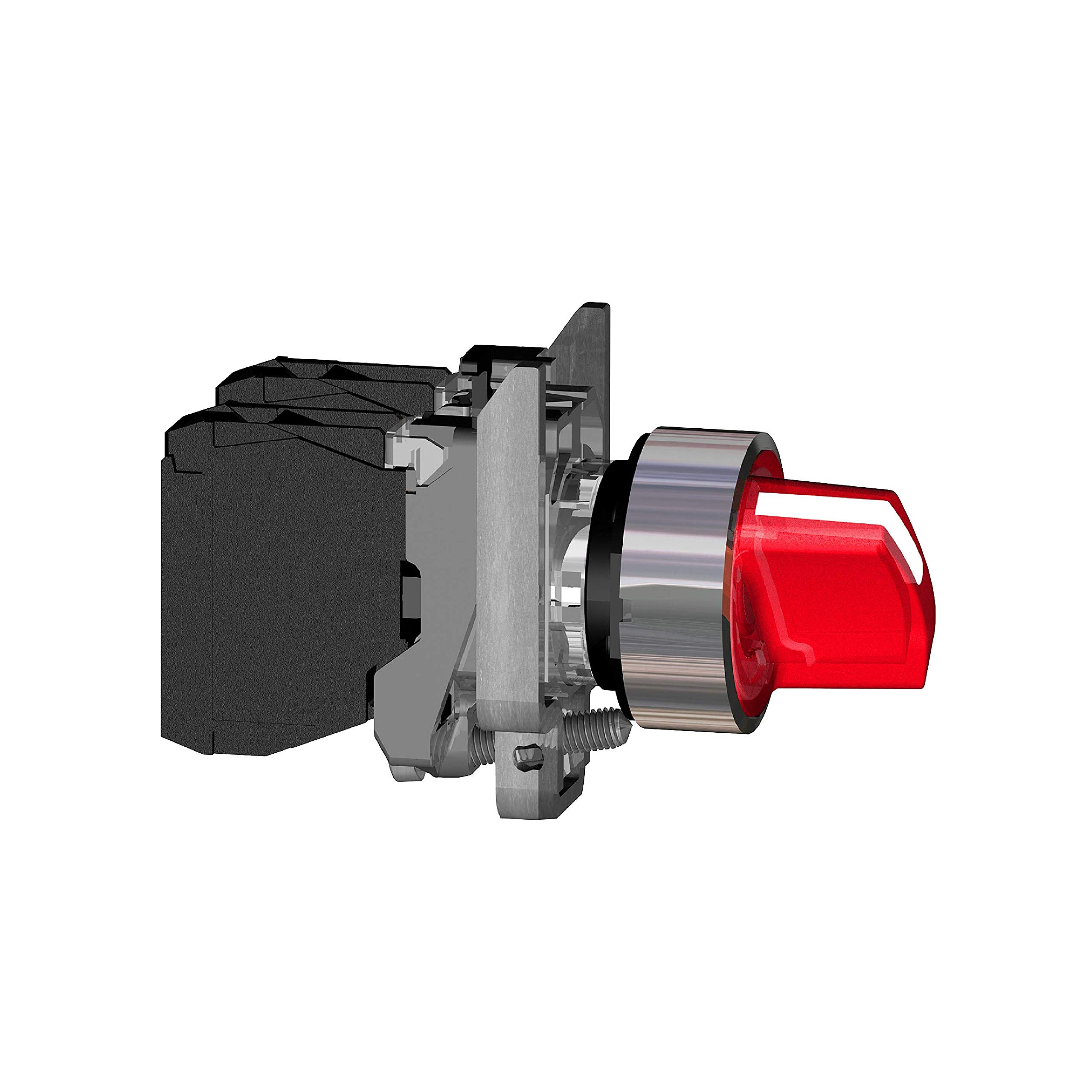 Schneider Electric Illuminated selector switch, Harmony XB4, metal, red handle, 22mm, universal LED, 3 positions, 1NO + 1NC, 24V AC DC