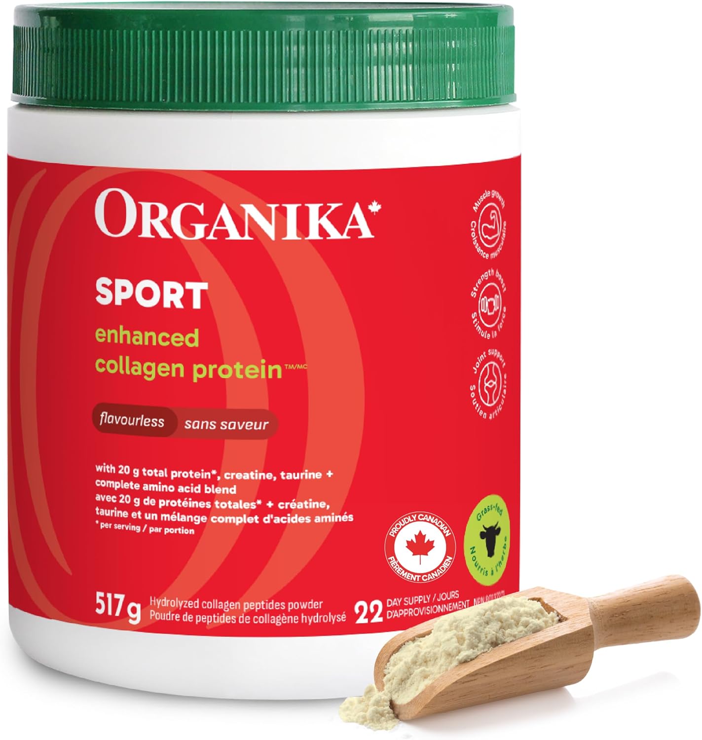 Organika Canadian-Made Enhanced Collagen Sport- 20g Collagen Protein + Creatine, Taurine, and Compete Amino Acid Profile- Promotes Muscle Growth, Strength, and Joint Health- Unflavoured- 517g Organika Canadian-Made Enhanced Collagen Sport- 20g Collagen Protein + Creatine, Taurine, and Compete Amino Acid Profile- Promotes Muscle Growth, Strength, and Joint Health- Unflavoured- 517g
