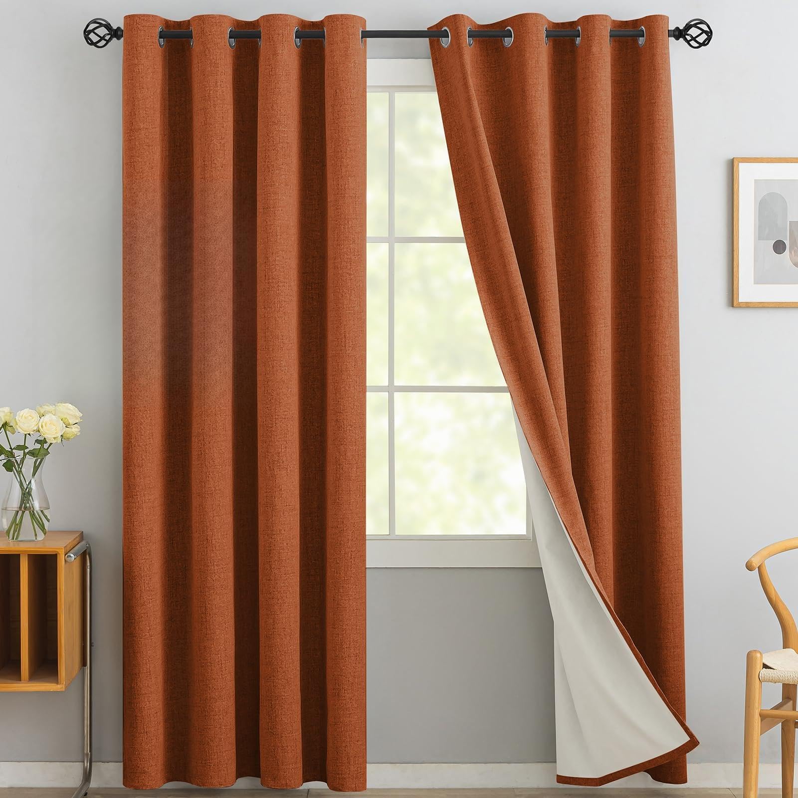 Yakamok Burnt Orange lniane zasłony 100% zaciemniające, 244 cm długości, zasłony zaciemniające do salonu, termiczne przelotki do sypialni, 2 panele z białą wyściółką