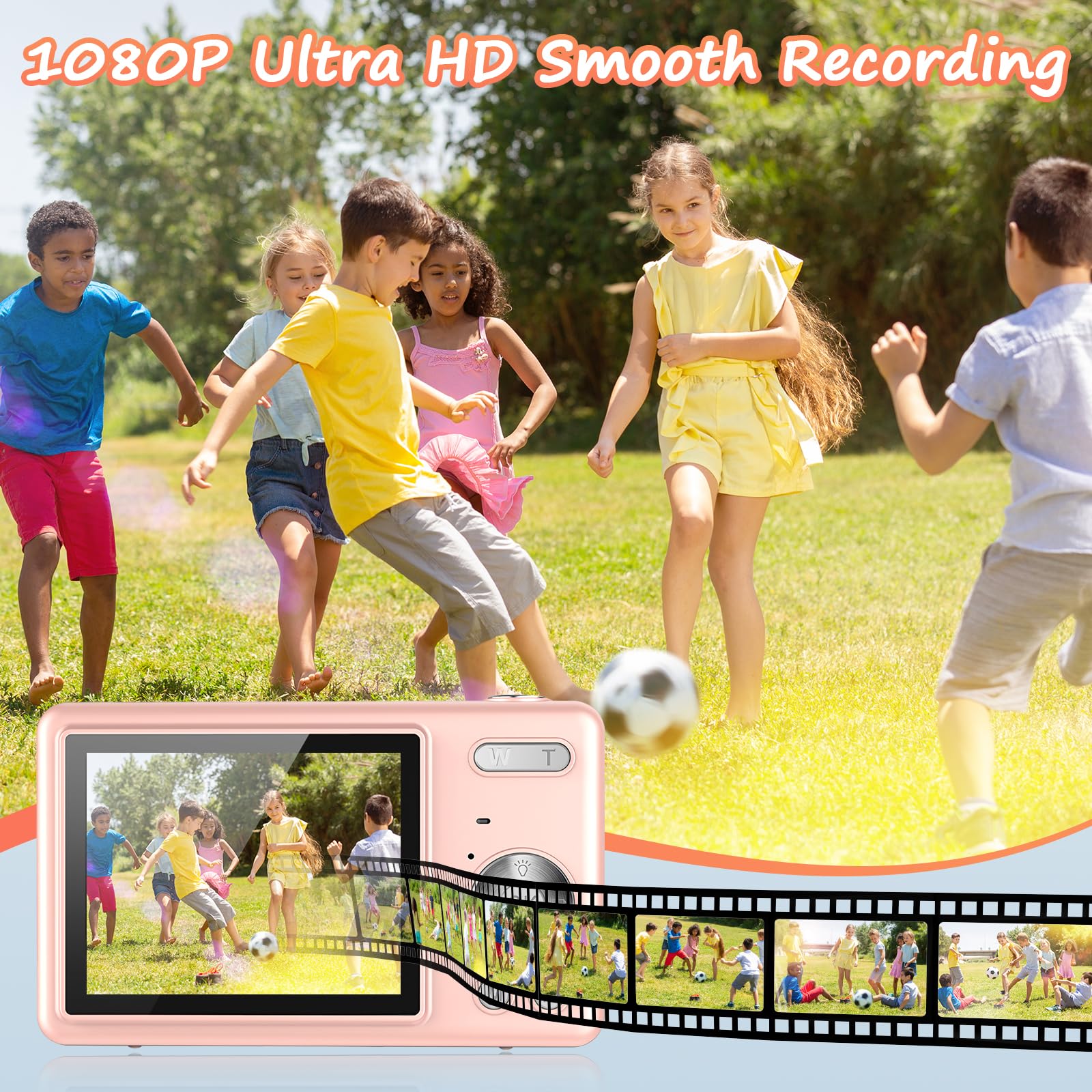 Fotocamera digitale 1080P FHD, 44MP con schermo LCD da 2.4", zoom digitale 16x, fotocamera digitale per vlogging fotocamera digitale portatile con scheda SD da 32 GB per bambini (Rosa)