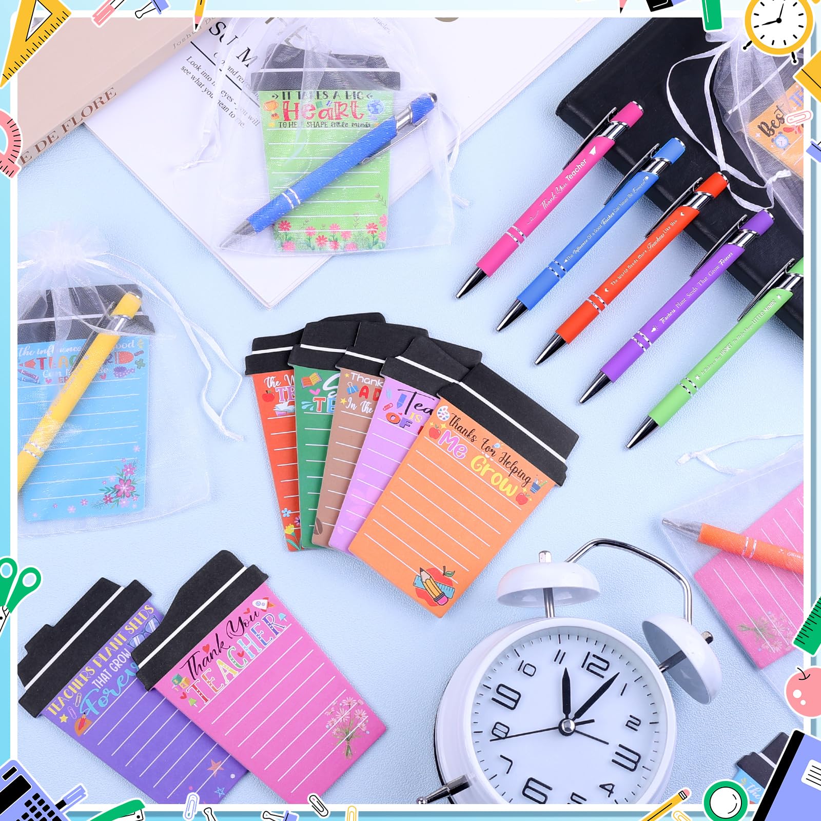 Mkway 24 Set Teacher Appreciation Gifts Bulk - 24 Coffee Cup Notepad+ 24 Ballpoint Pens+ 24 Drawstring Gift Bags, Bulk Gifts for School Office Christmas Teacher's Day Coworker Nurse Employee