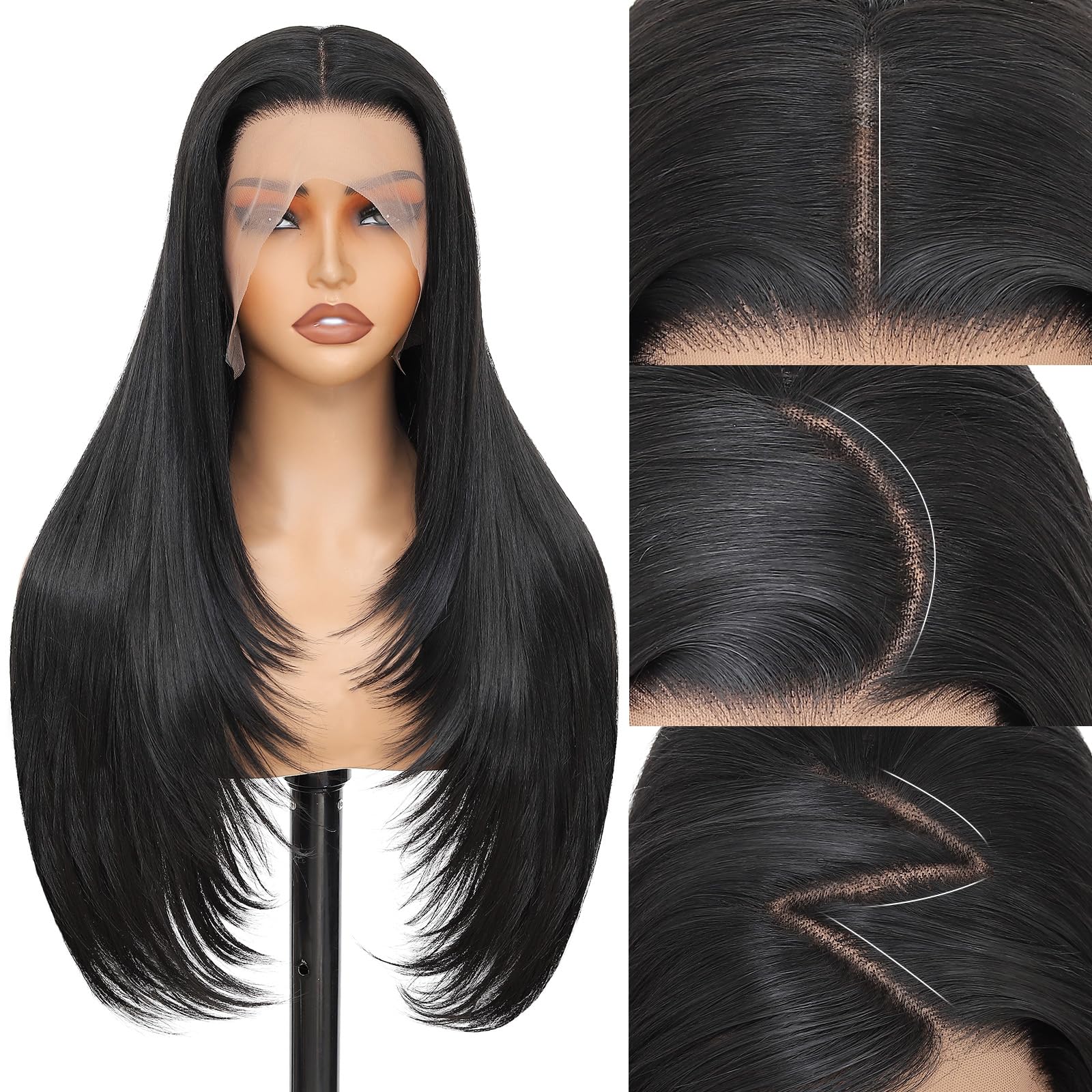 Photo 1 of [MINOR DAMAGE] Synthetic Lace Front Wig 13x4 HD Lace Layered Hairstyle Pre Plucked Hairline Straight Long Black Glueless Wigs for Black Women 26 Inch Beginner Friendly