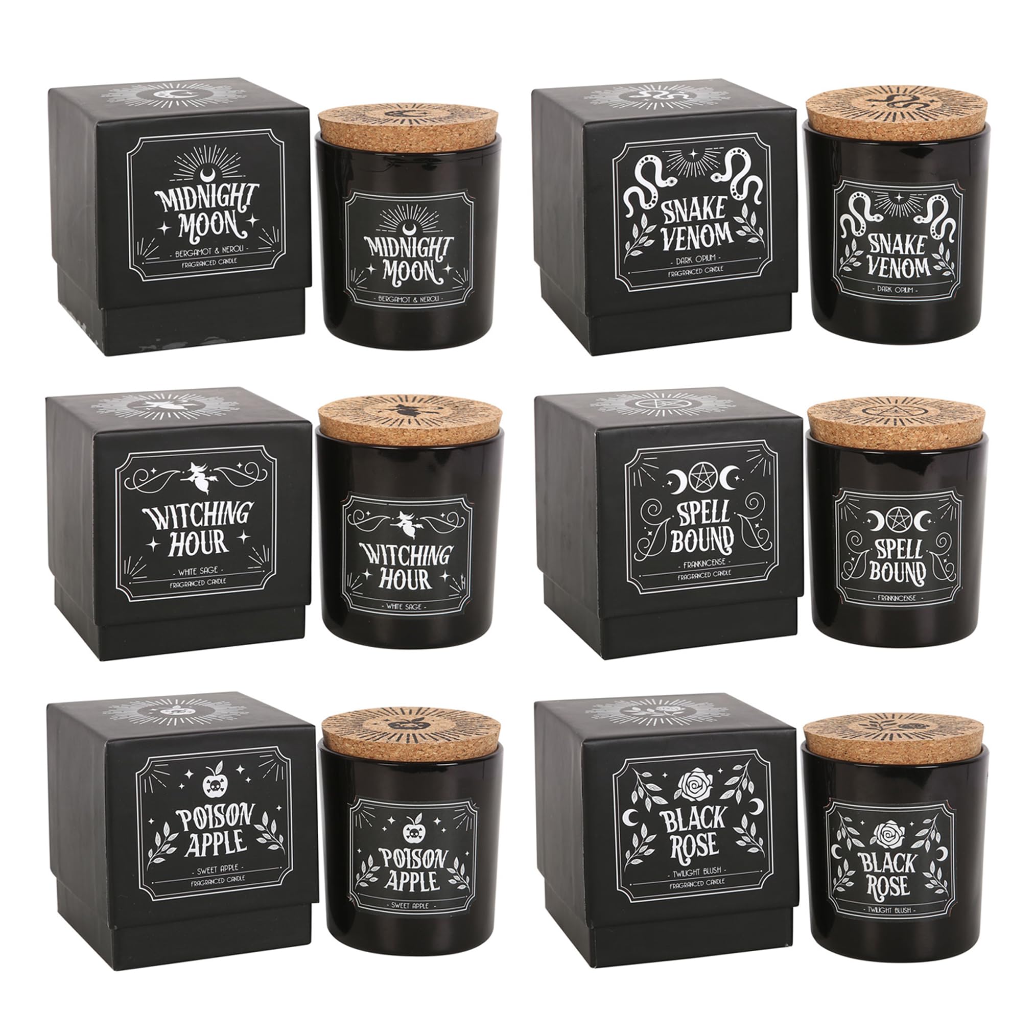 Enchanting Set of 6 Midnight Ritual Candles | Mystical Cork Lid | Bewitching Fragrance | Full-Size | Poison Apple, Spell Bound Frankincense, Black Rose | Long Burn Time (21H)