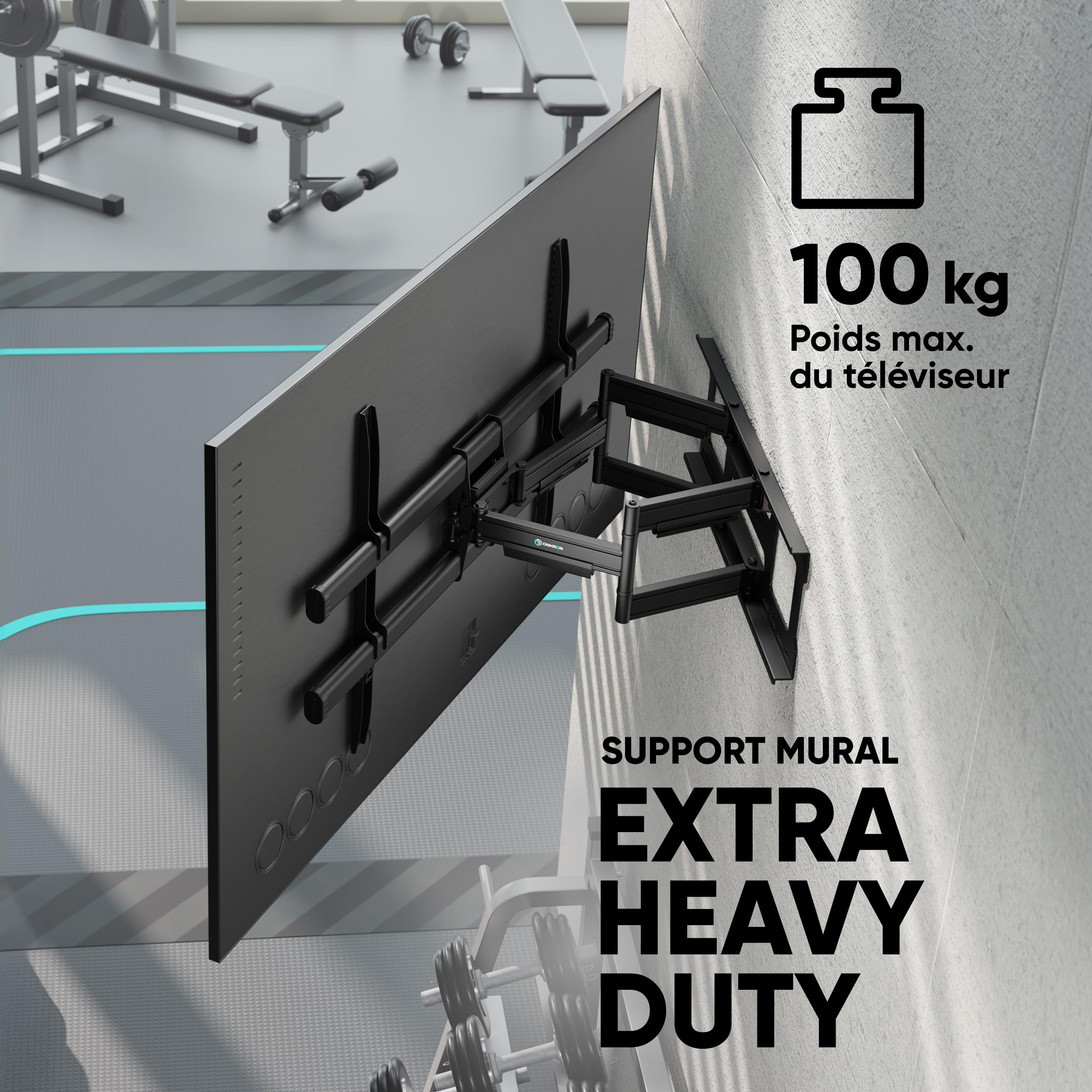 ONKRON Support TV Mural pour 42-120 Pouces Écrans Lourds jusqu'à 100 kg, Accroche Tele VESA 200x100-1000x600, Support Mural TV Orientable et Inclinable, Fixation Tele Murale Universel Noir M10-B